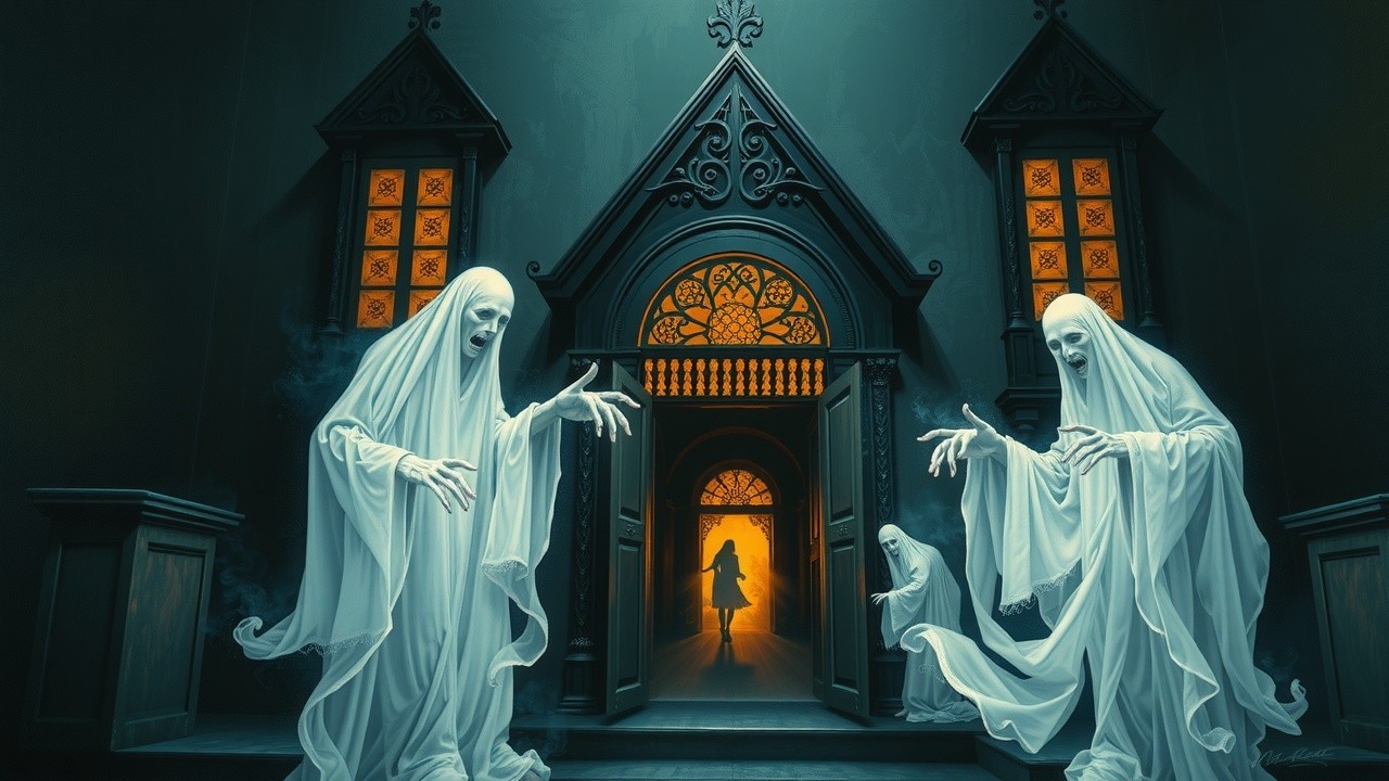Gothic Doorway with Ghostly Figures and Eerie Atmosphere