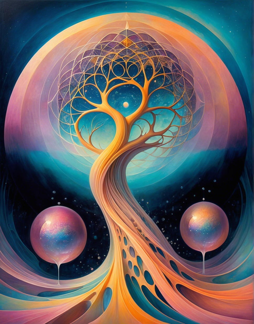 Vibrant Cosmic Tree with Geometric Patterns and Colors
