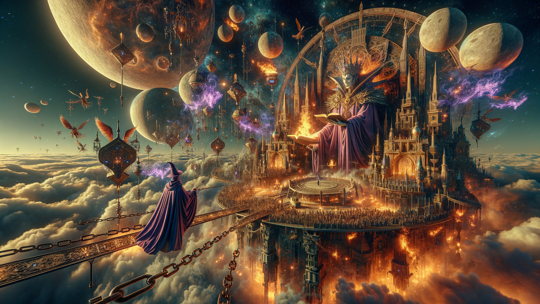 Majestic Celestial Scene with Floating Castles and Beings