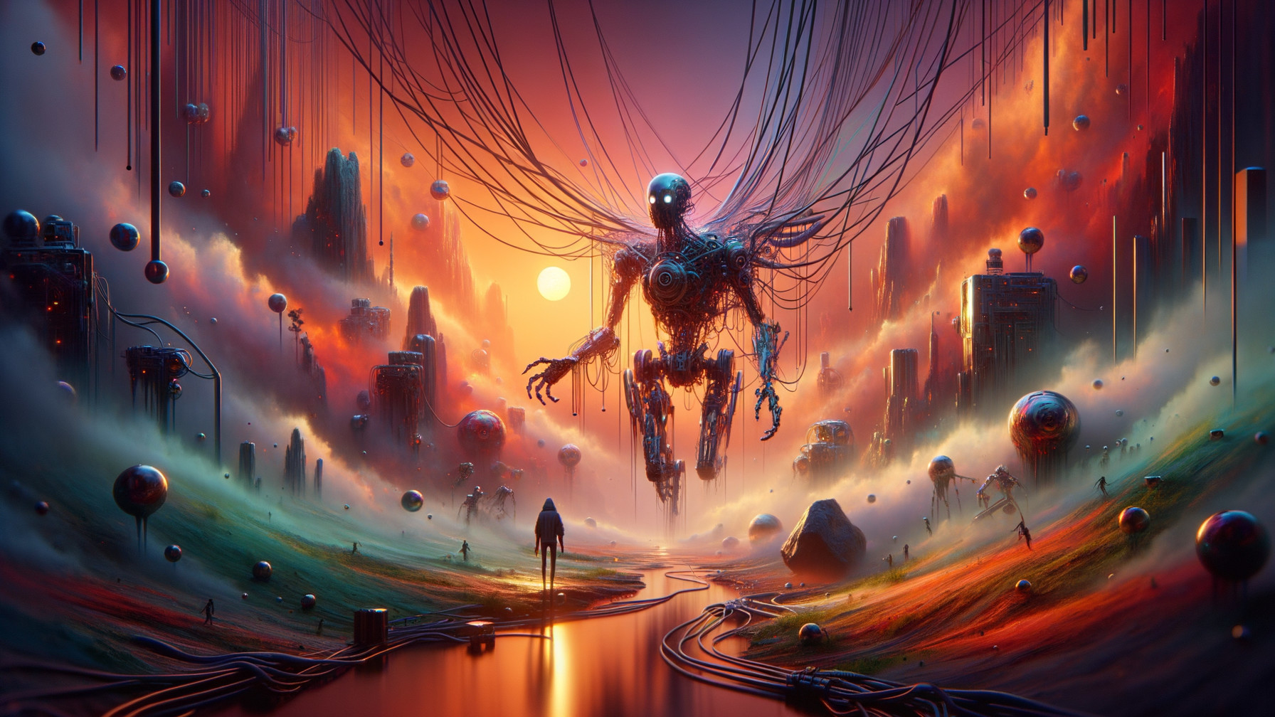 Surreal Landscape with Robotic Figure and Cityscapes