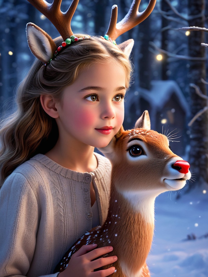 Close-up of a girl with reindeer headband and deer