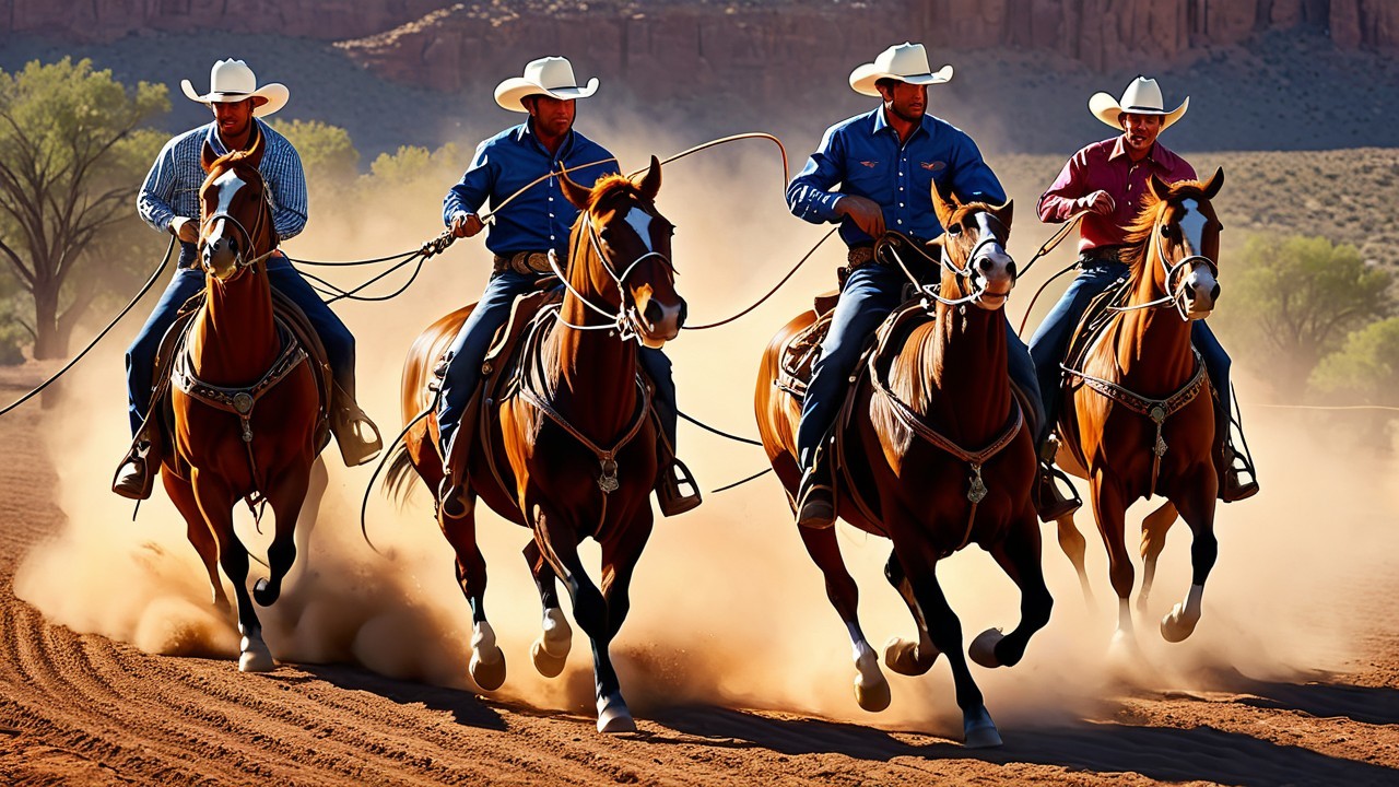 Cowboys Riding Horses in Dusty Landscape with Cliffs