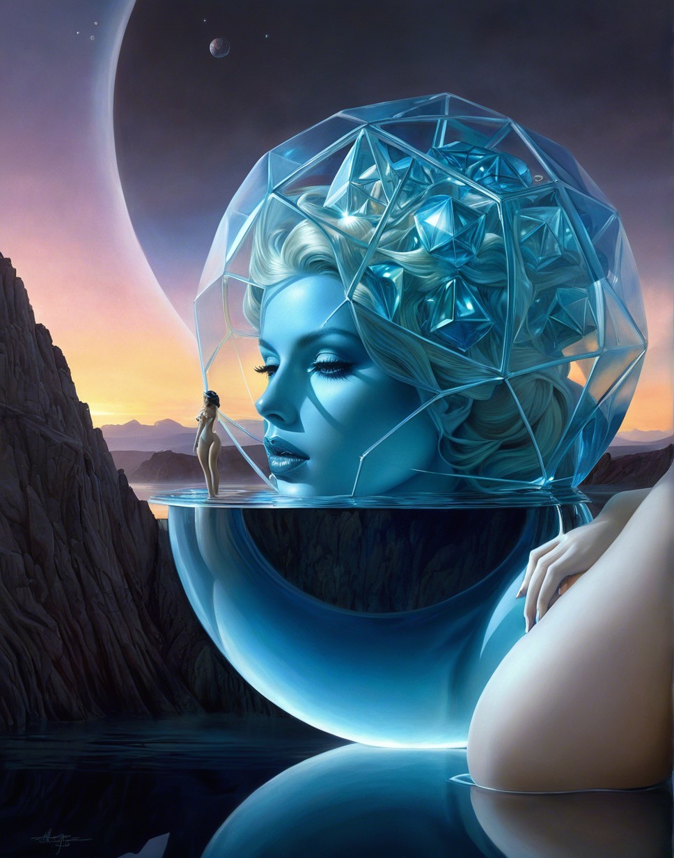 Futuristic Crystal Head Over Serene Water Scene