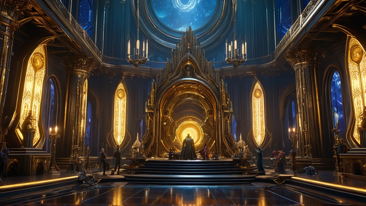 Opulent hall with golden light and majestic throne