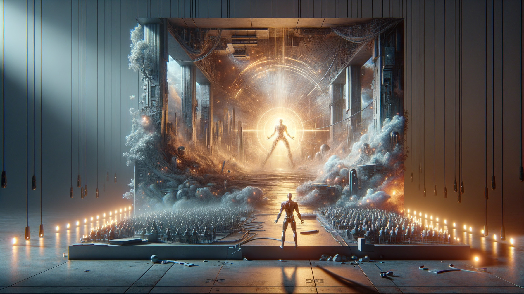 Futuristic Surreal Scene with Portal and Ethereal Figure