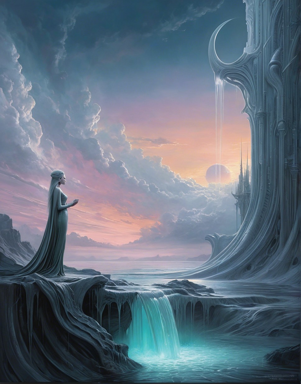 Ethereal Landscape with Waterfall and Castle Scene
