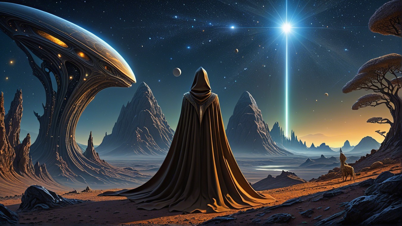Cloaked Figure in Alien Landscape with Starry Sky