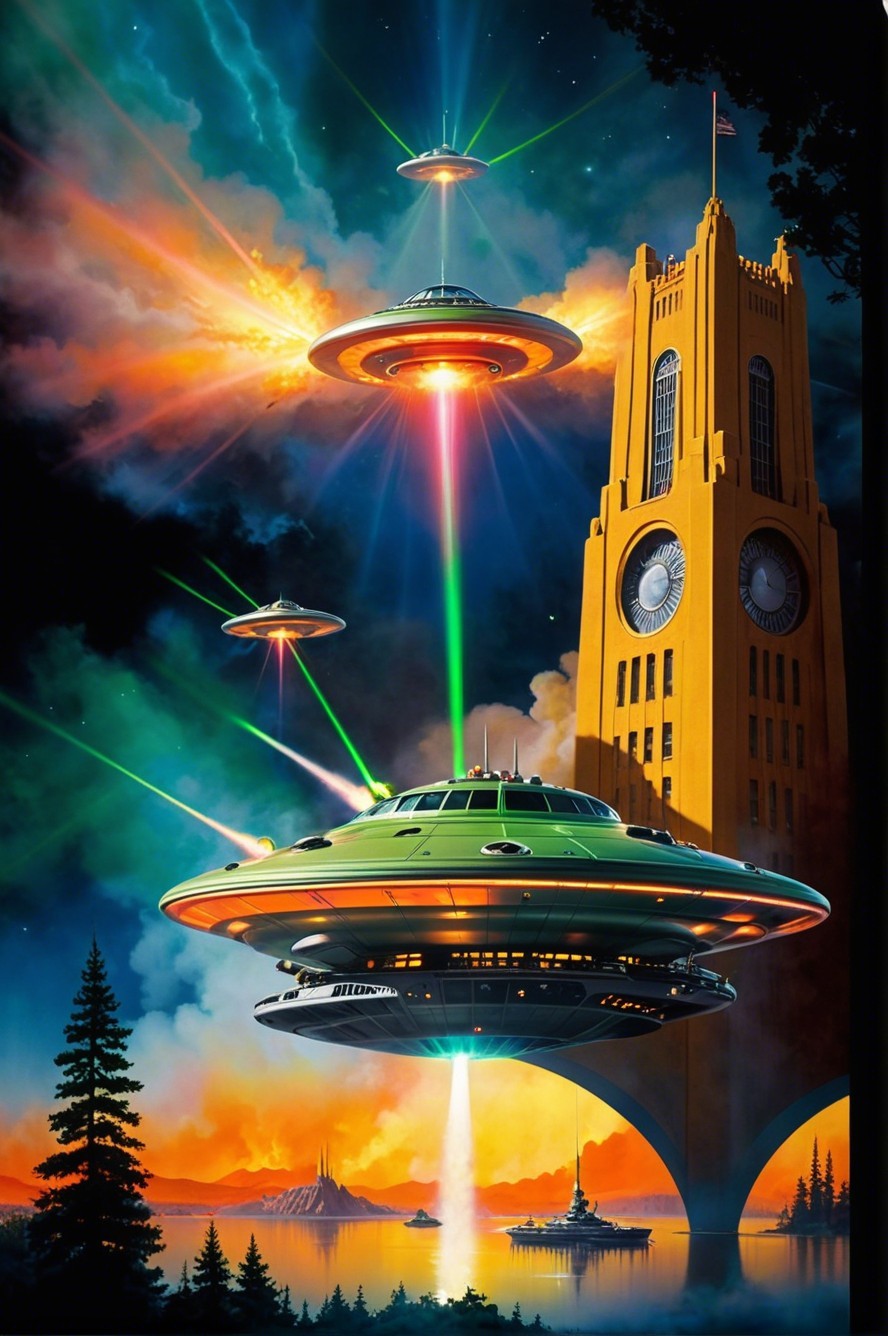 Futuristic UFOs Above Colorful Clock Tower Scene