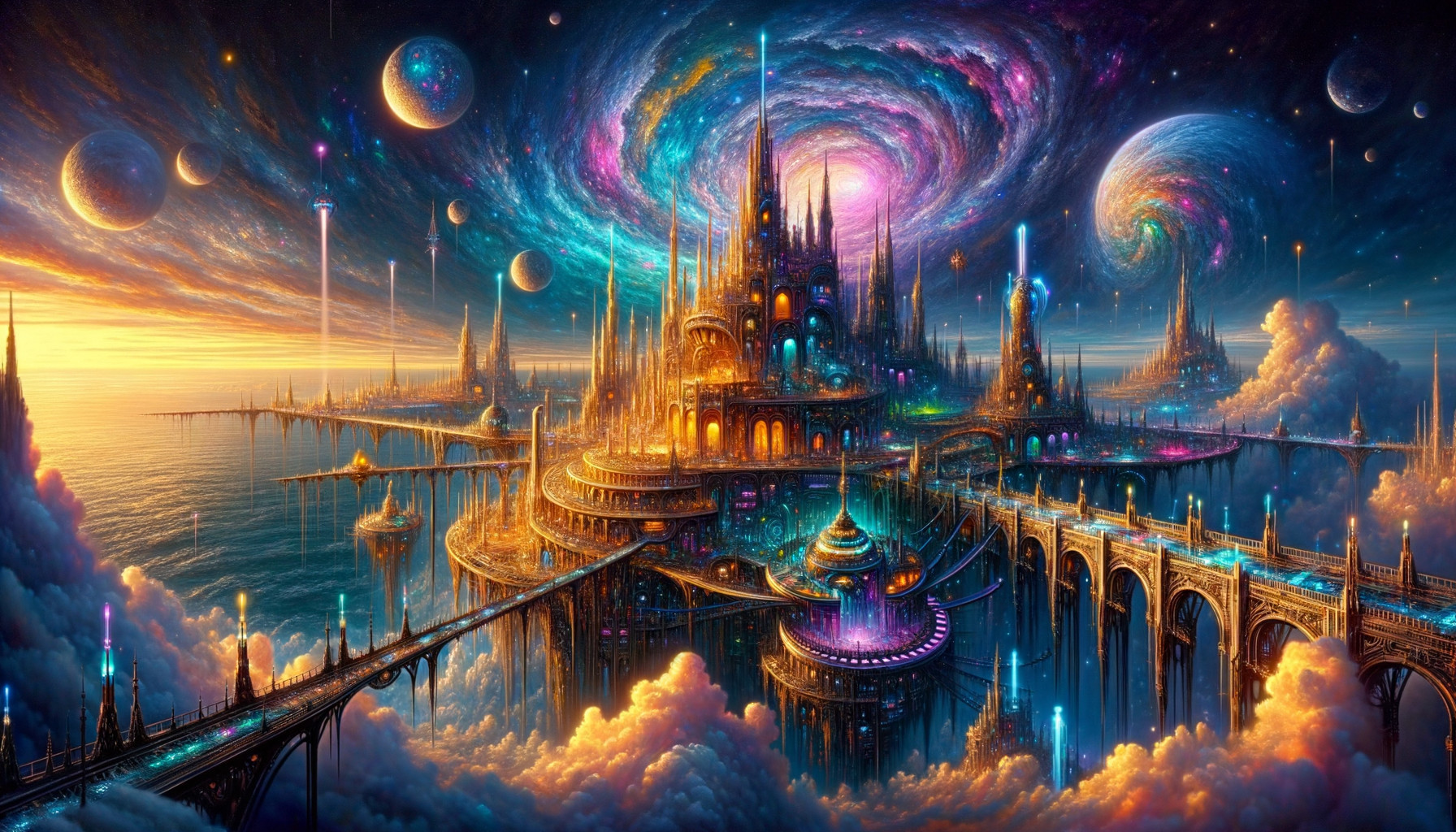 Vibrant Cityscape Above Serene Ocean and Galaxy