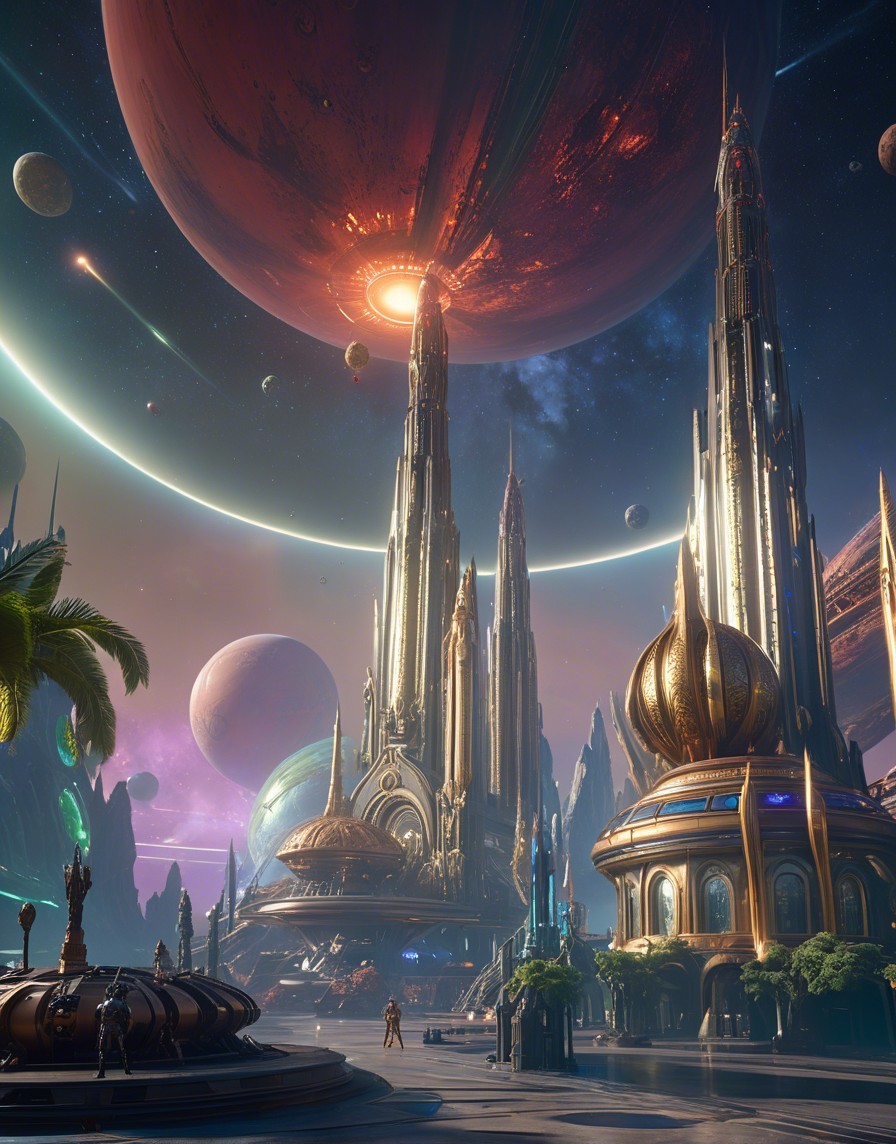 Futuristic cityscape with cosmic backdrop and greenery