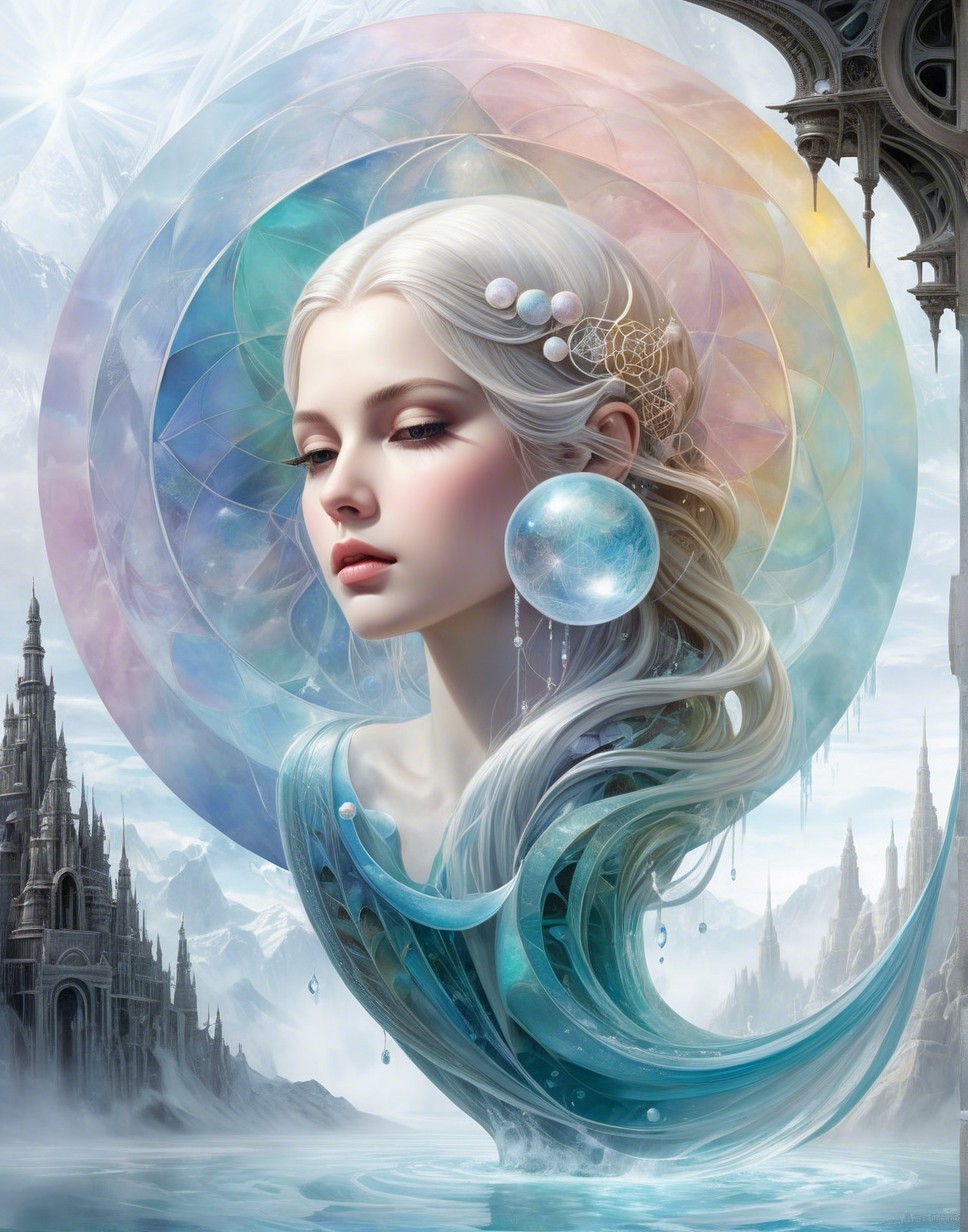 Serene Young Woman in Mystical Landscape with Halo