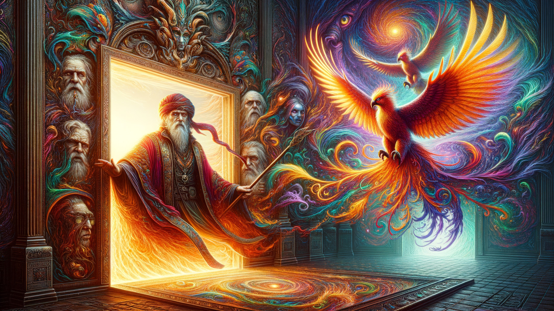 Ornate Doorway with Mystical Figures and Phoenix