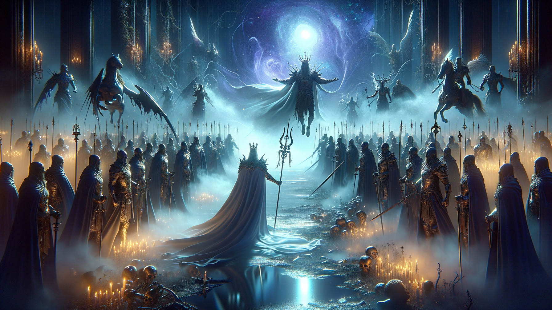Majestic Figure Surrounded by Ethereal Beings and Warriors