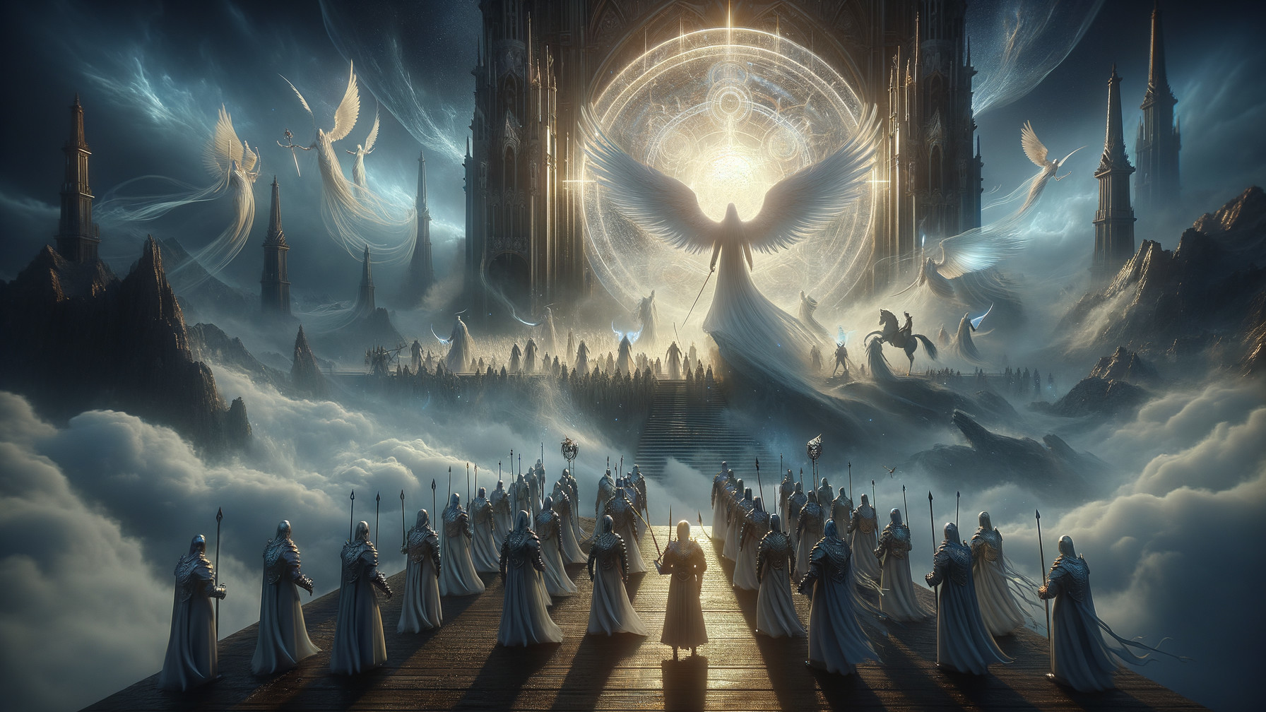Celestial Palace with Angels and Glowing Portal