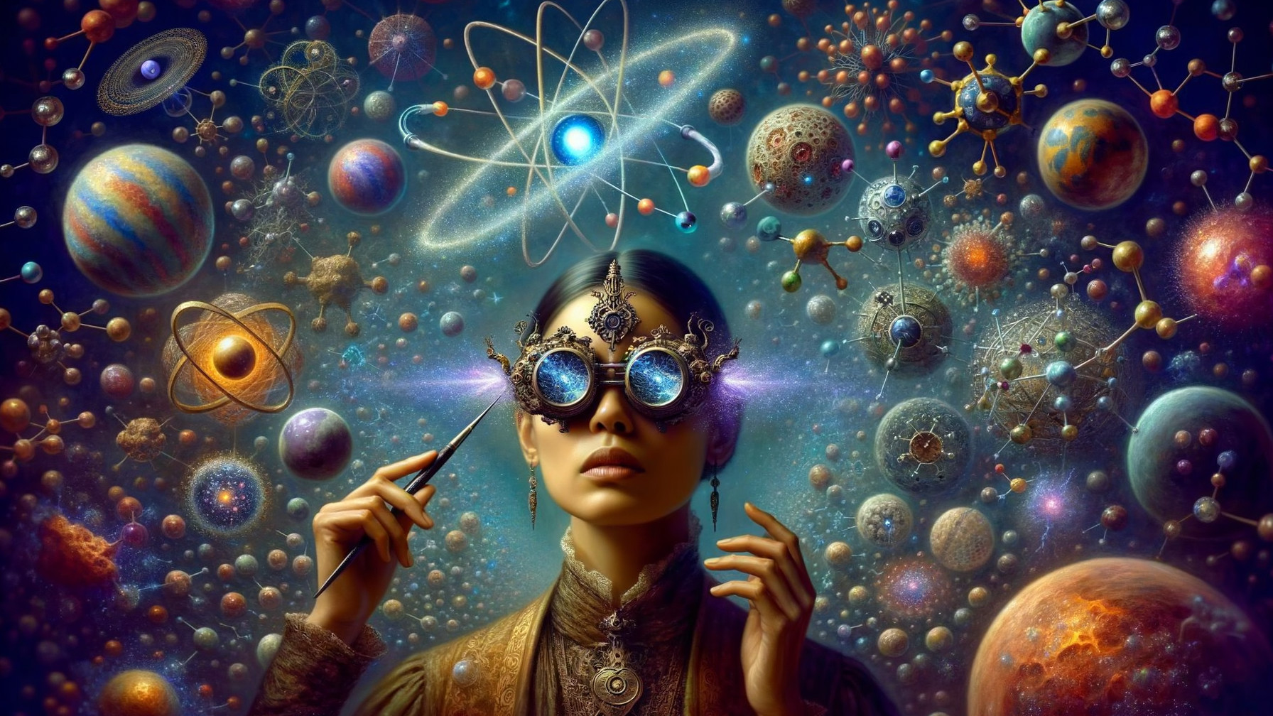 Woman with goggles in cosmic setting exploring knowledge