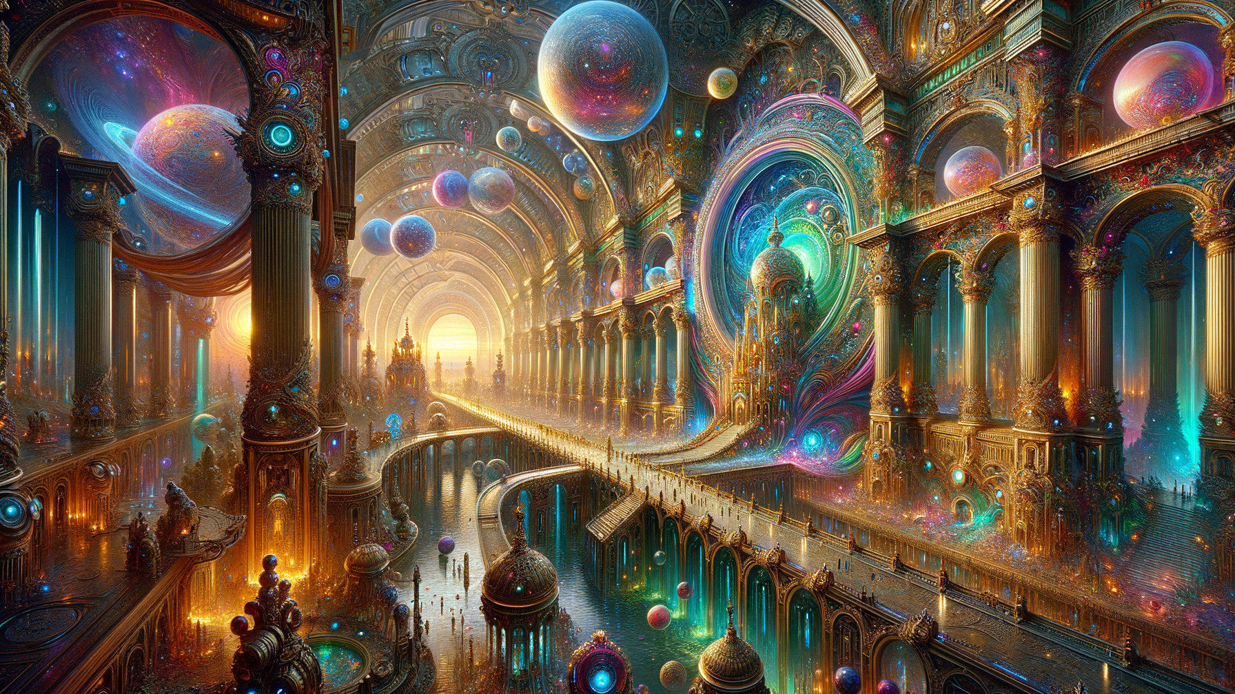 Surreal Architecture with Vibrant Colors and Orbs