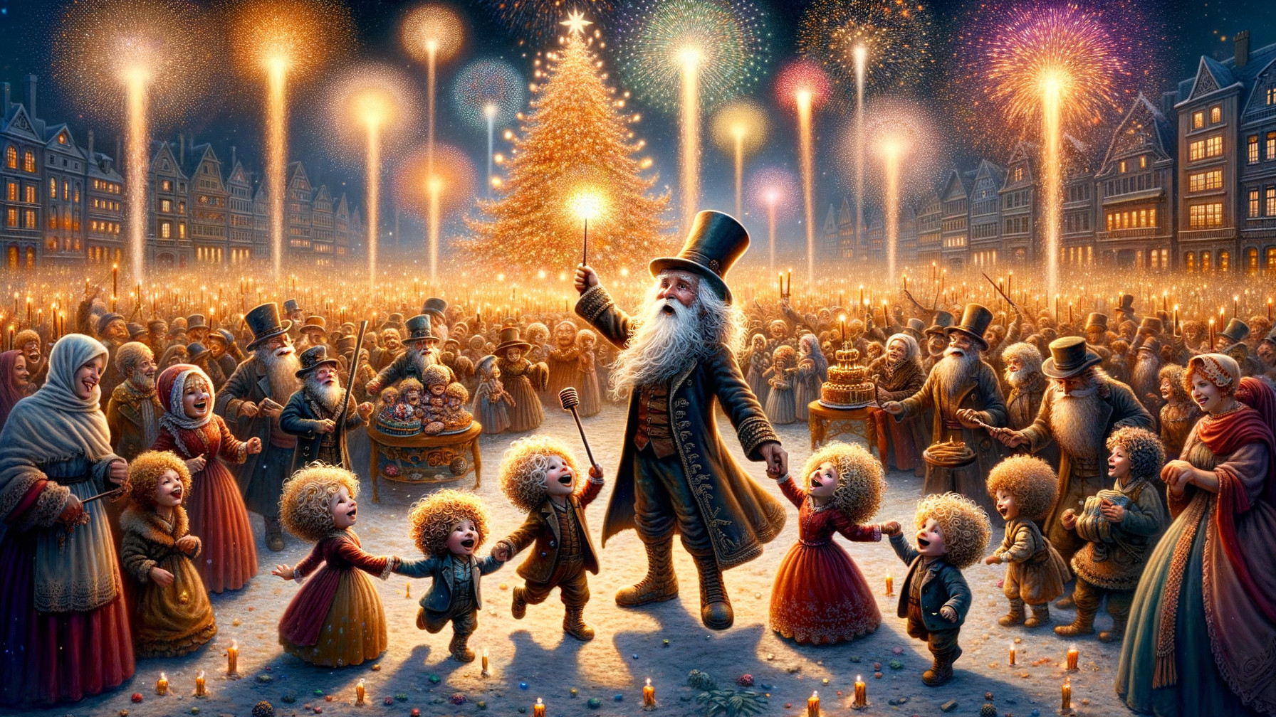 Festive Square Celebration with Fireworks and Christmas Tree