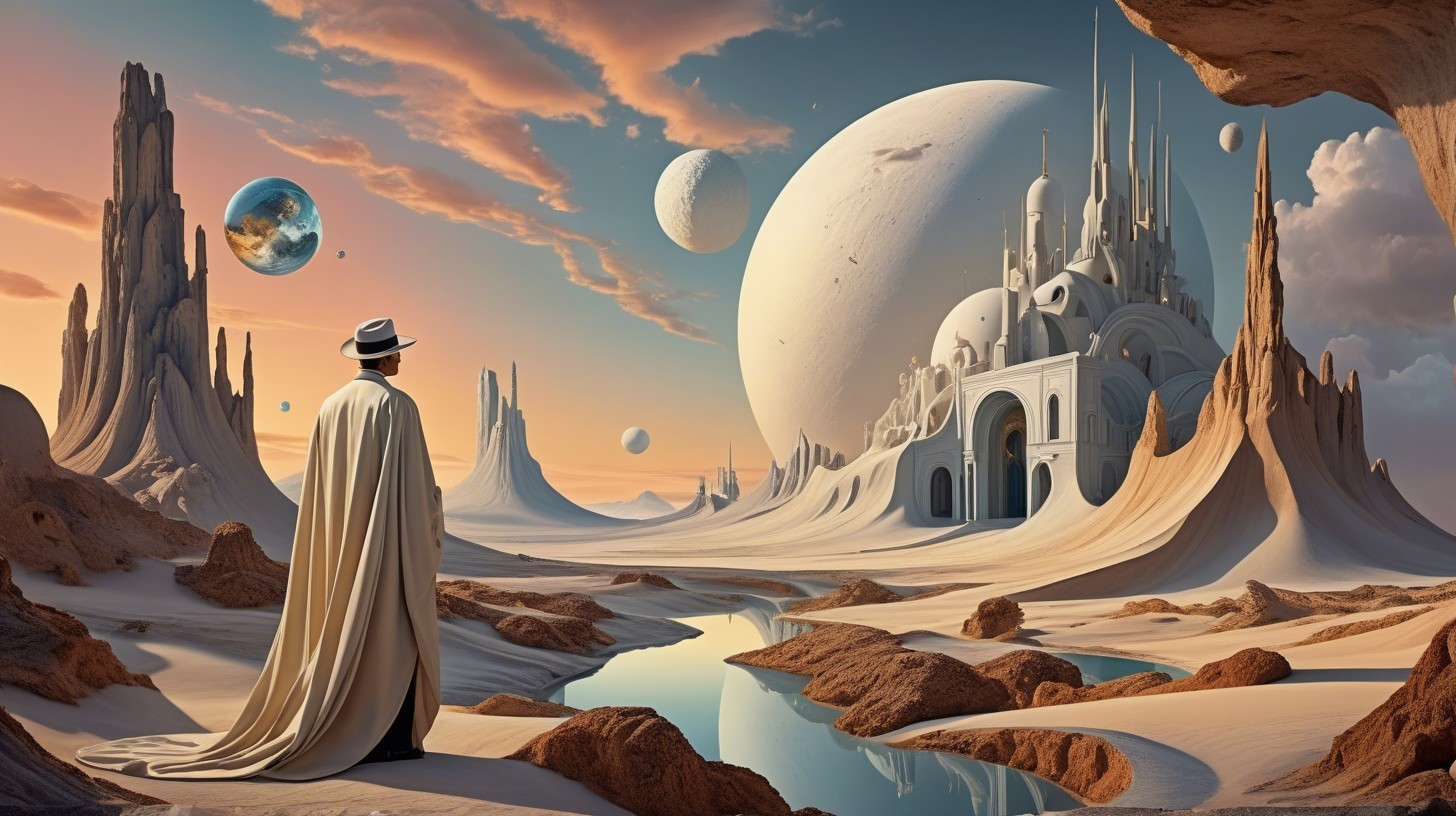 Surreal Landscape with Cloaked Figure and Planets