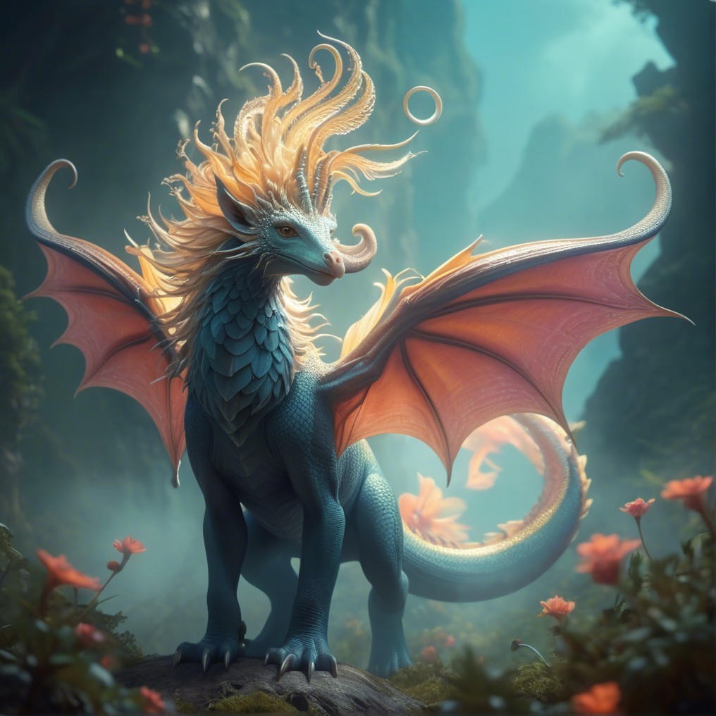 Majestic dragon in a lush, mystical landscape