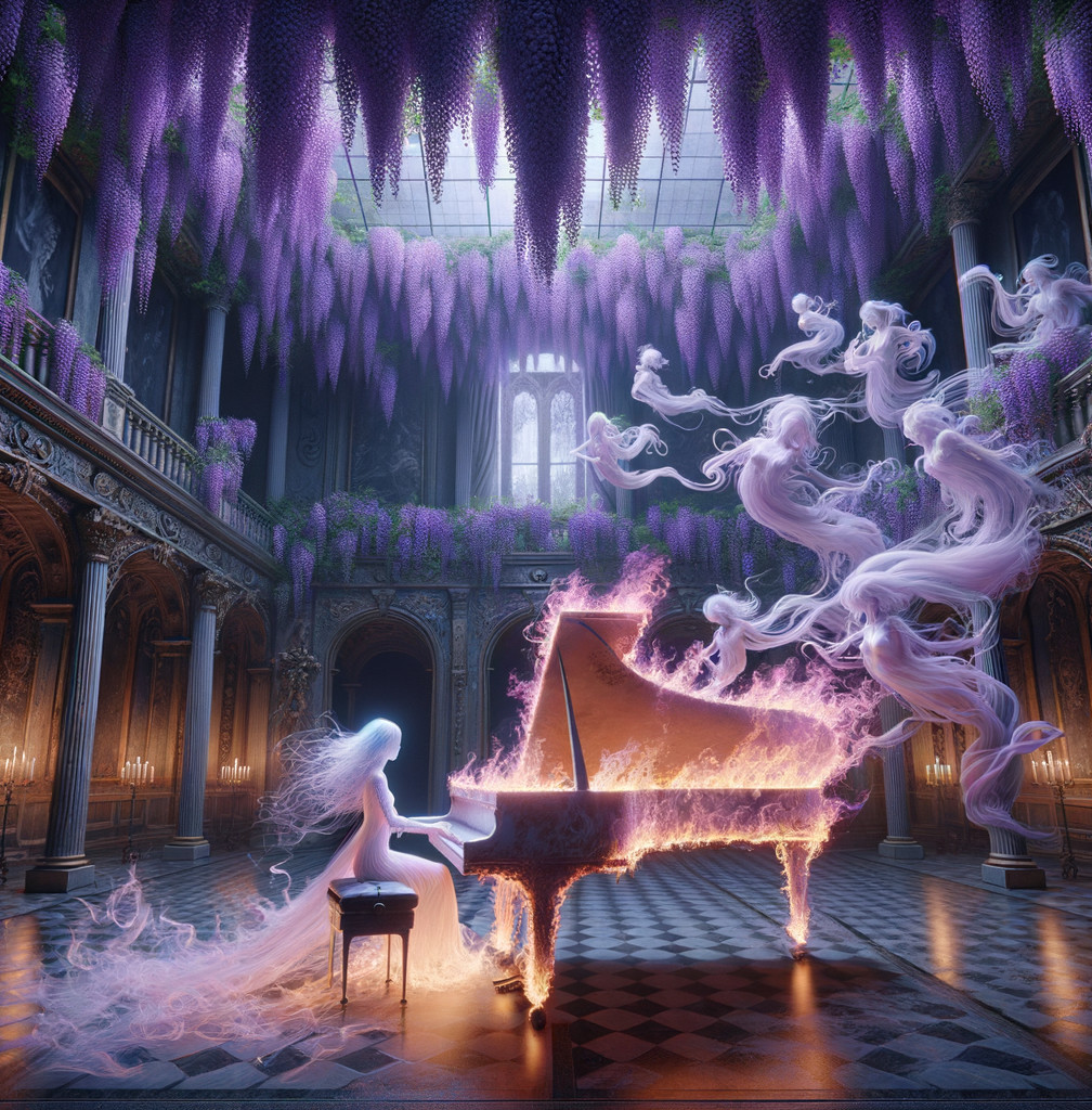 Ghostly Figure Playing Piano in Wisteria-Adorned Hall