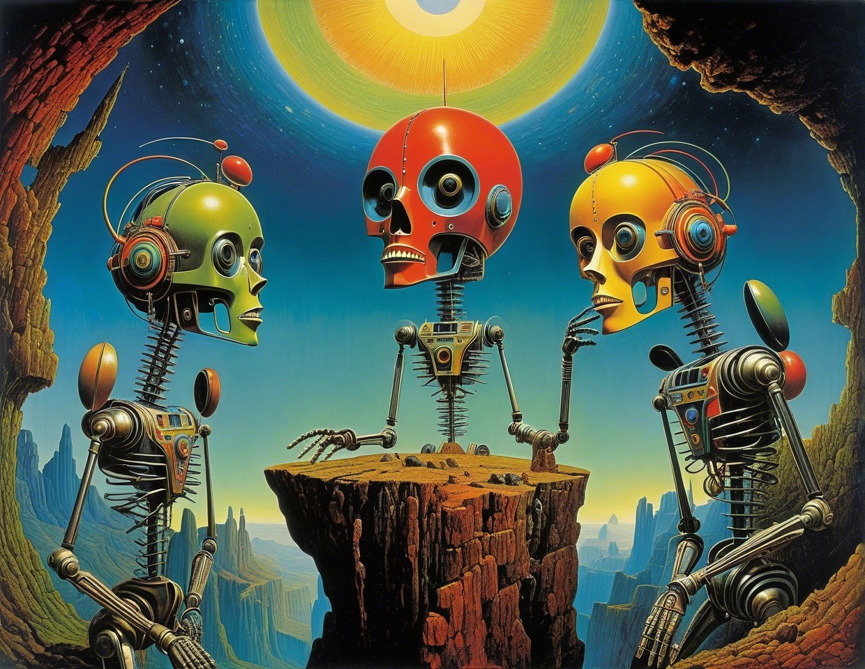 Surreal Landscape with Colorful Robot Figures