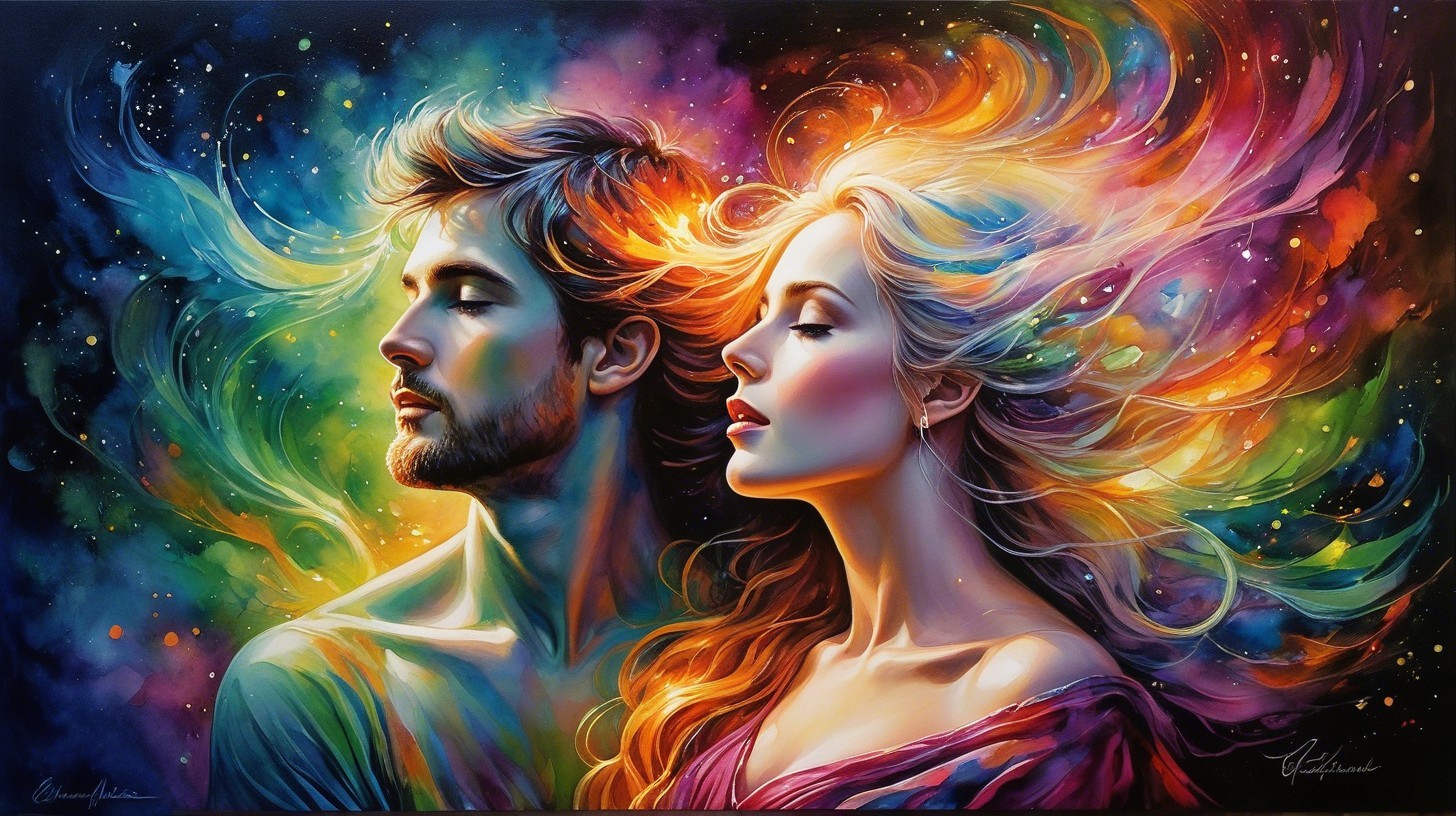 Vibrant Cosmic Scene of Two Figures in Profile