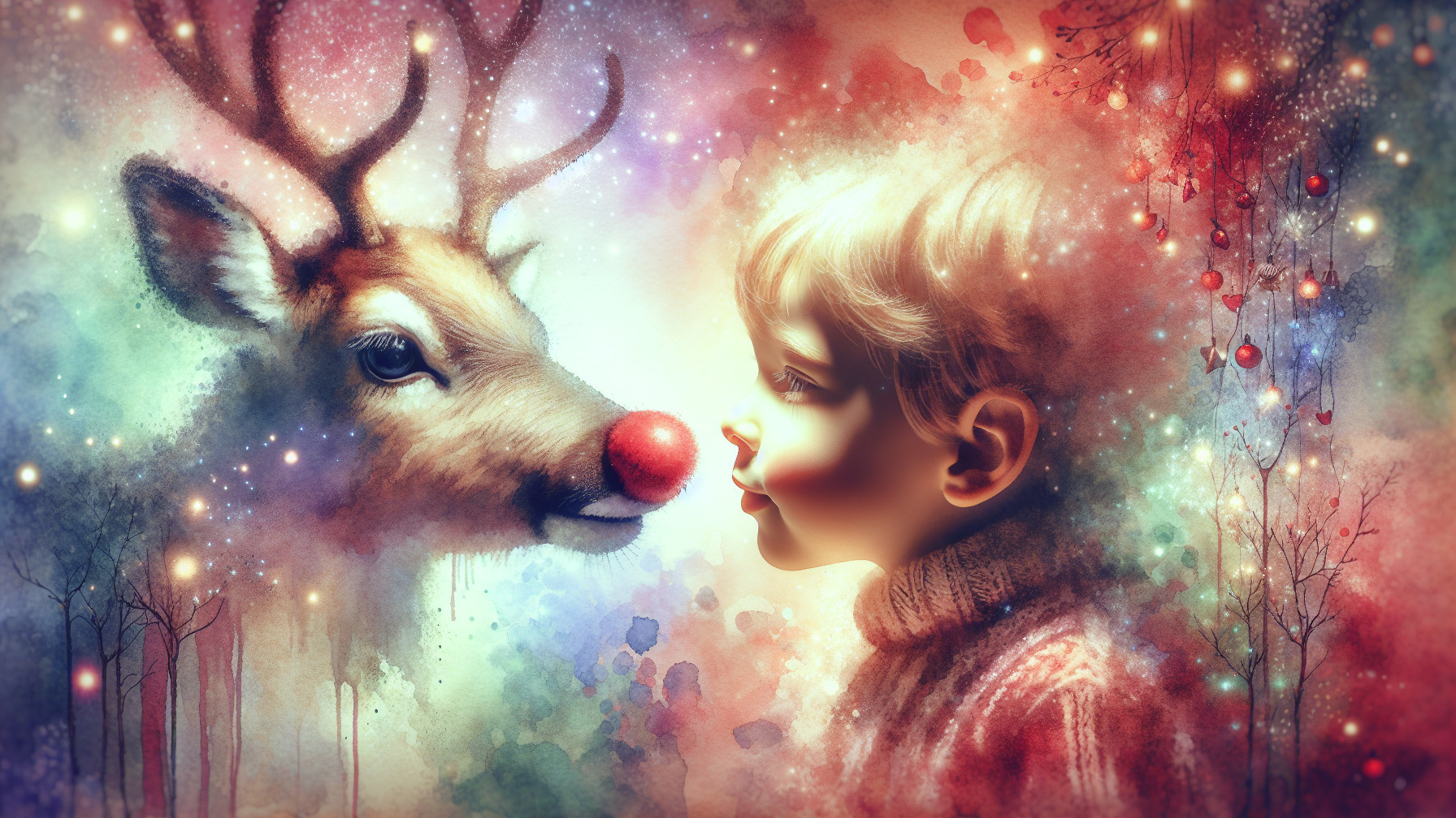 Child in Red Sweater with Glowing Reindeer Background