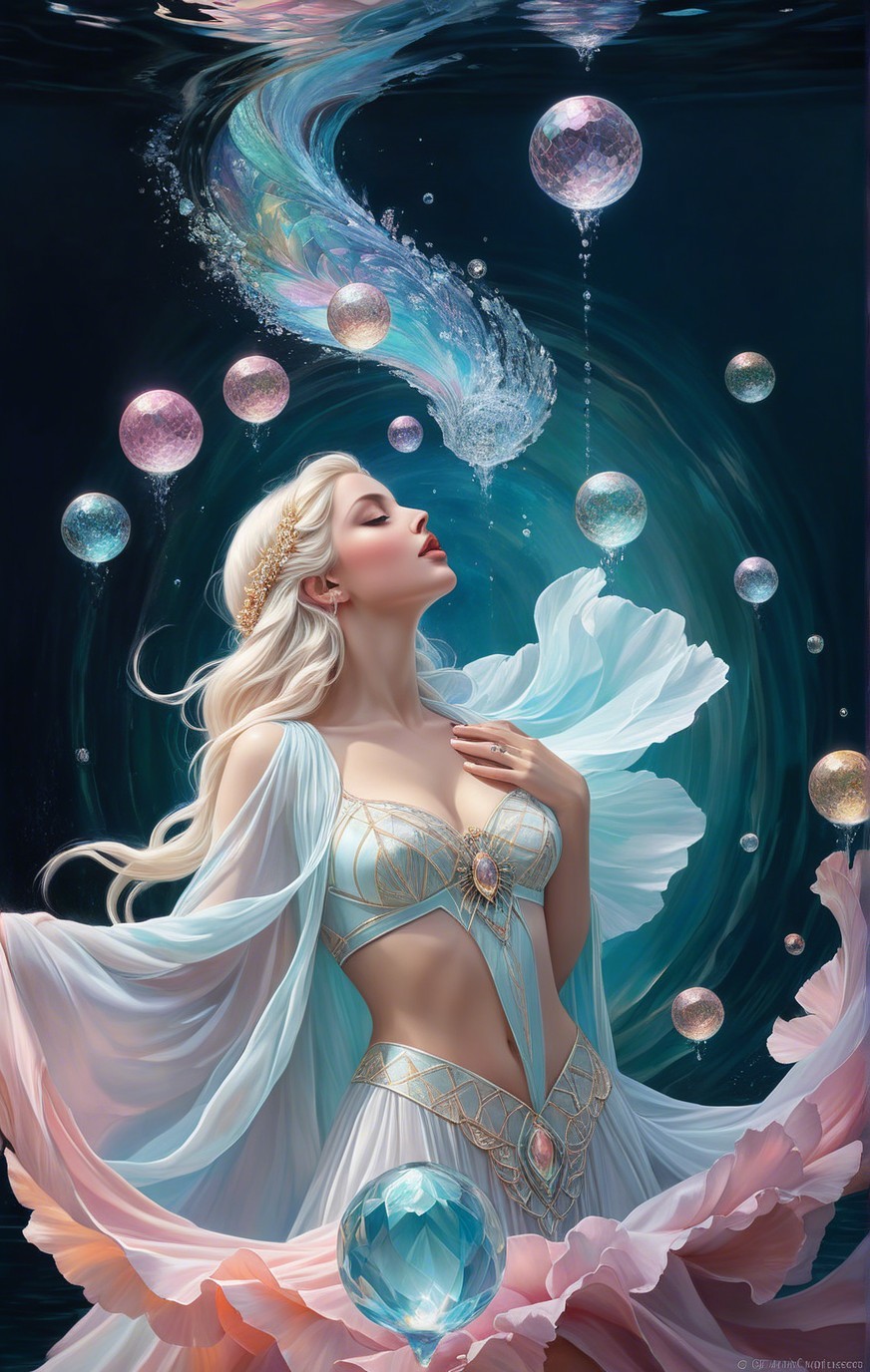 Underwater Scene with Woman in Shimmering Gown