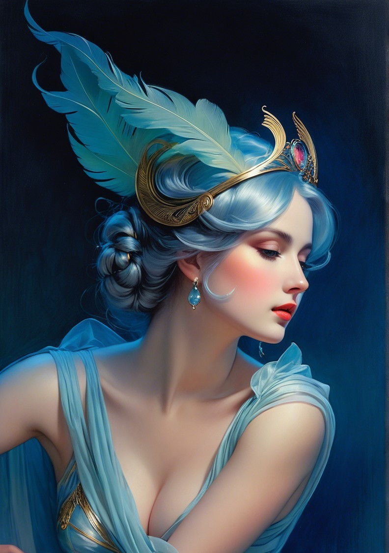 Ethereal Woman in Blue Gown with Golden Crown