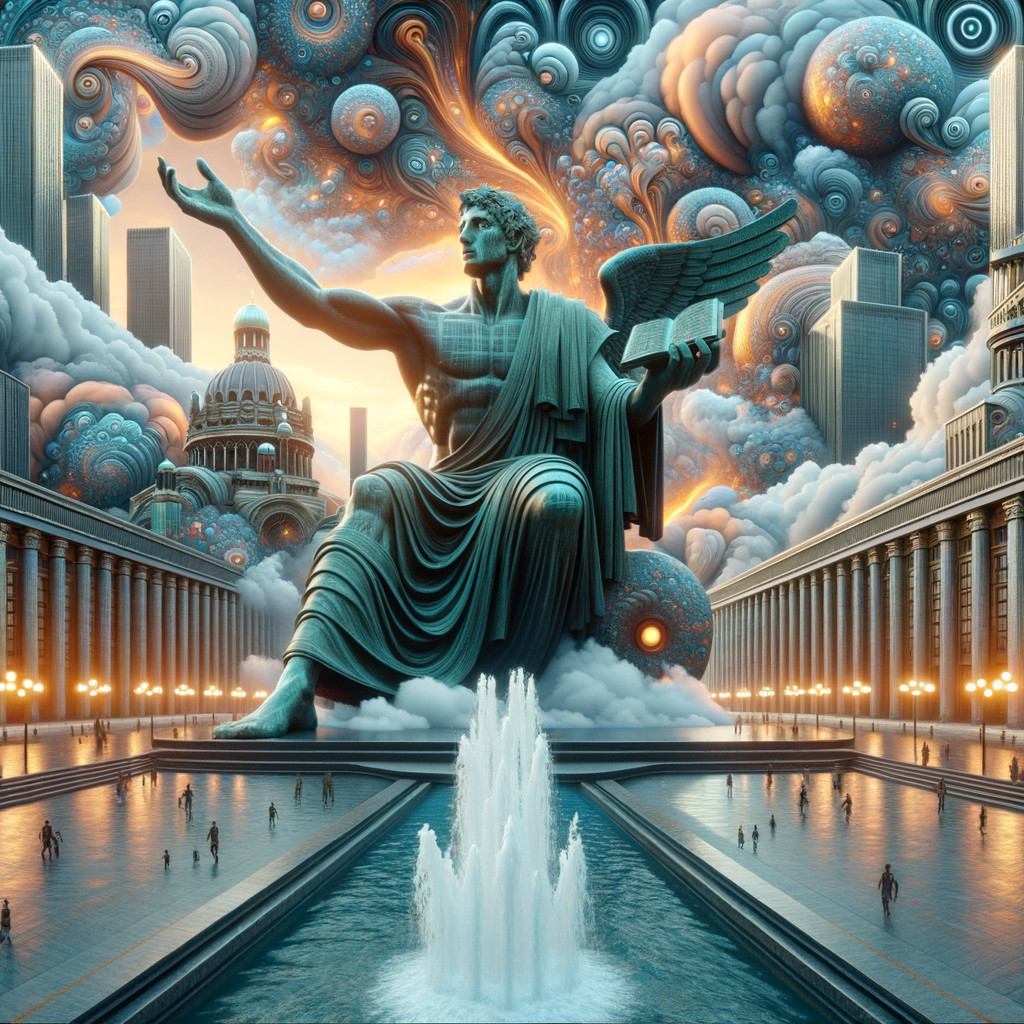 Colossal Winged Statue in a Grand Plaza Setting