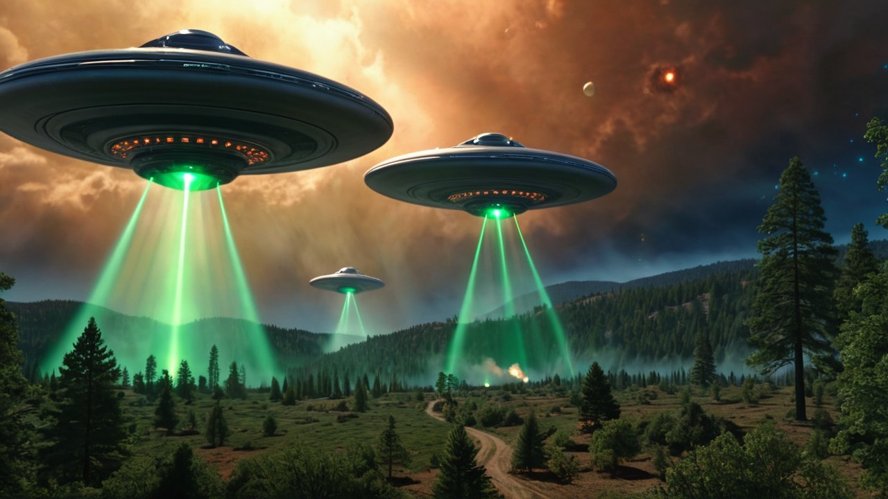 UFOs Emitting Green Beams Over Forest and Mountains