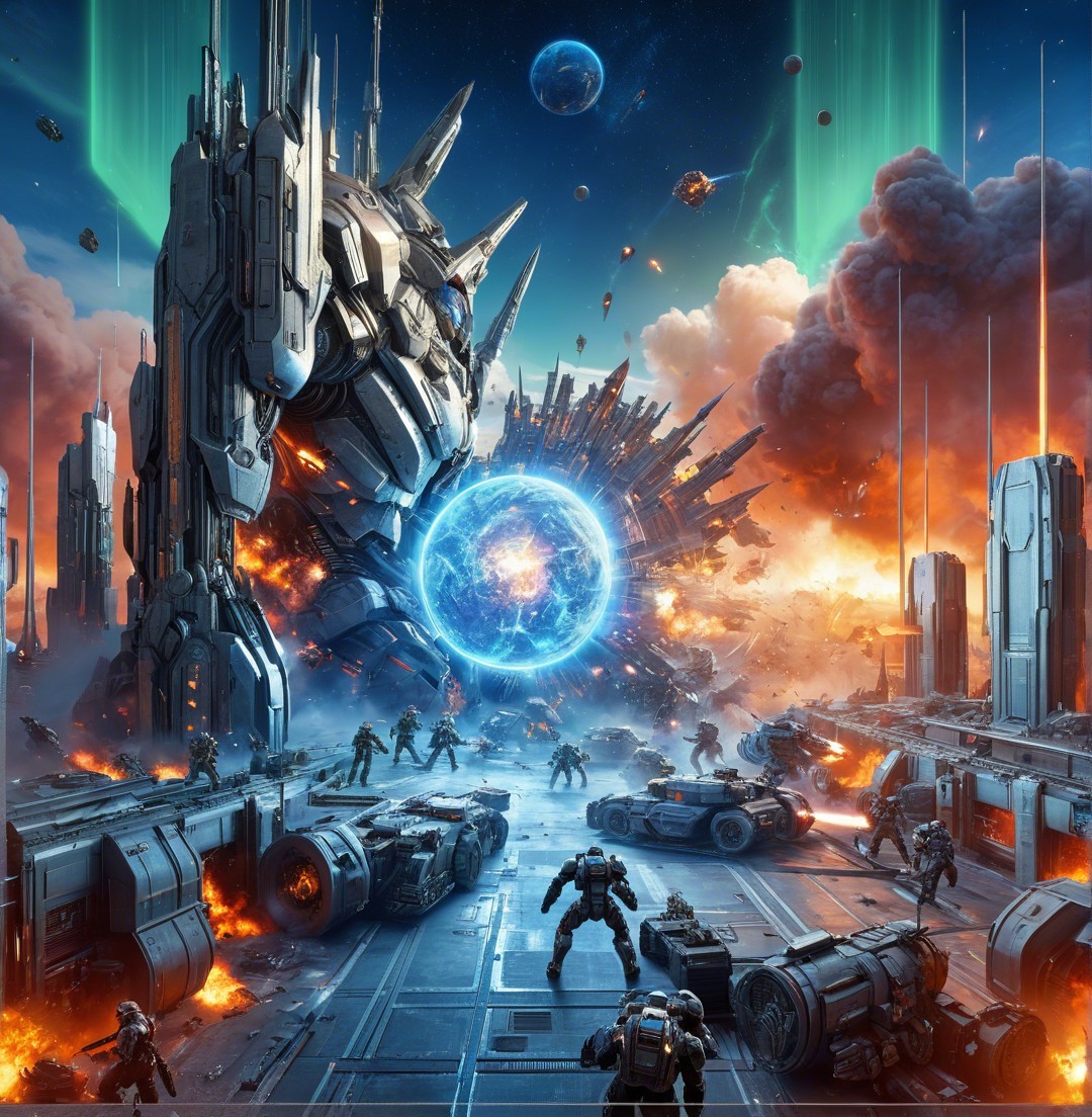 Futuristic Battleground with Robotic Structures and Energy Orbs