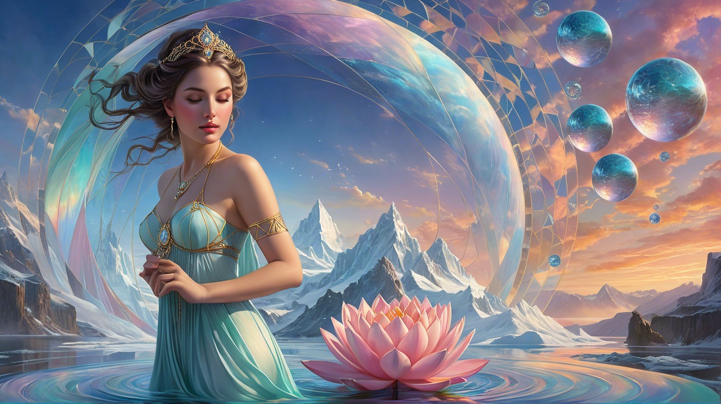 Mystical Woman in Turquoise Gown in Tranquil Landscape