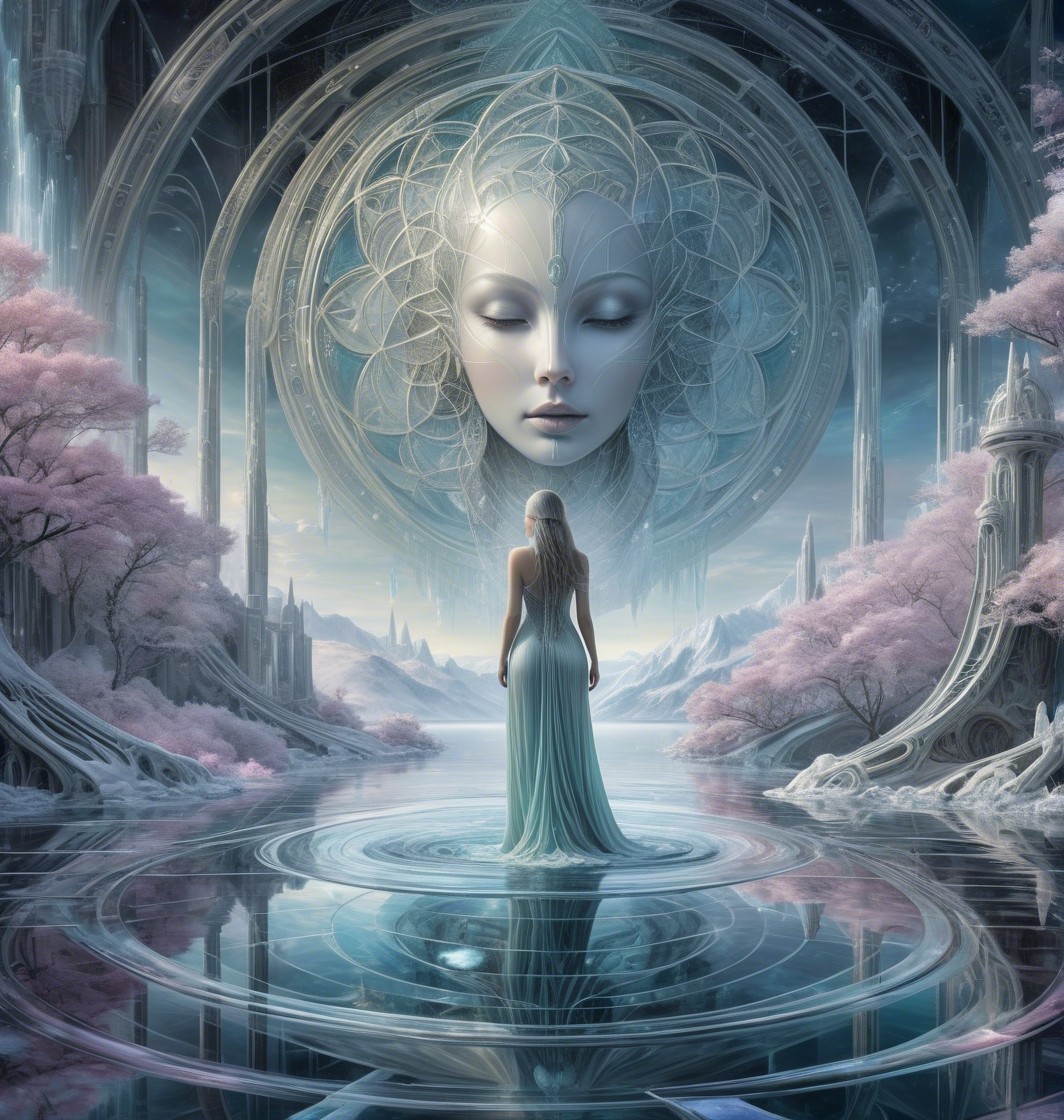 Serene figure on water beneath a colossal face