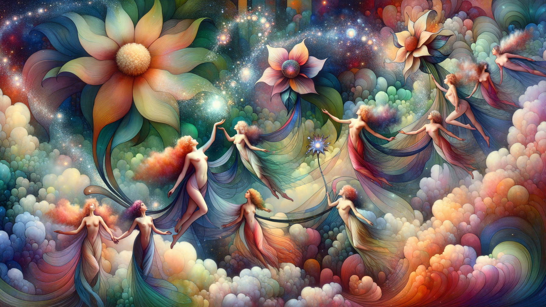 Ethereal Figures in a Dreamlike Colorful Scene
