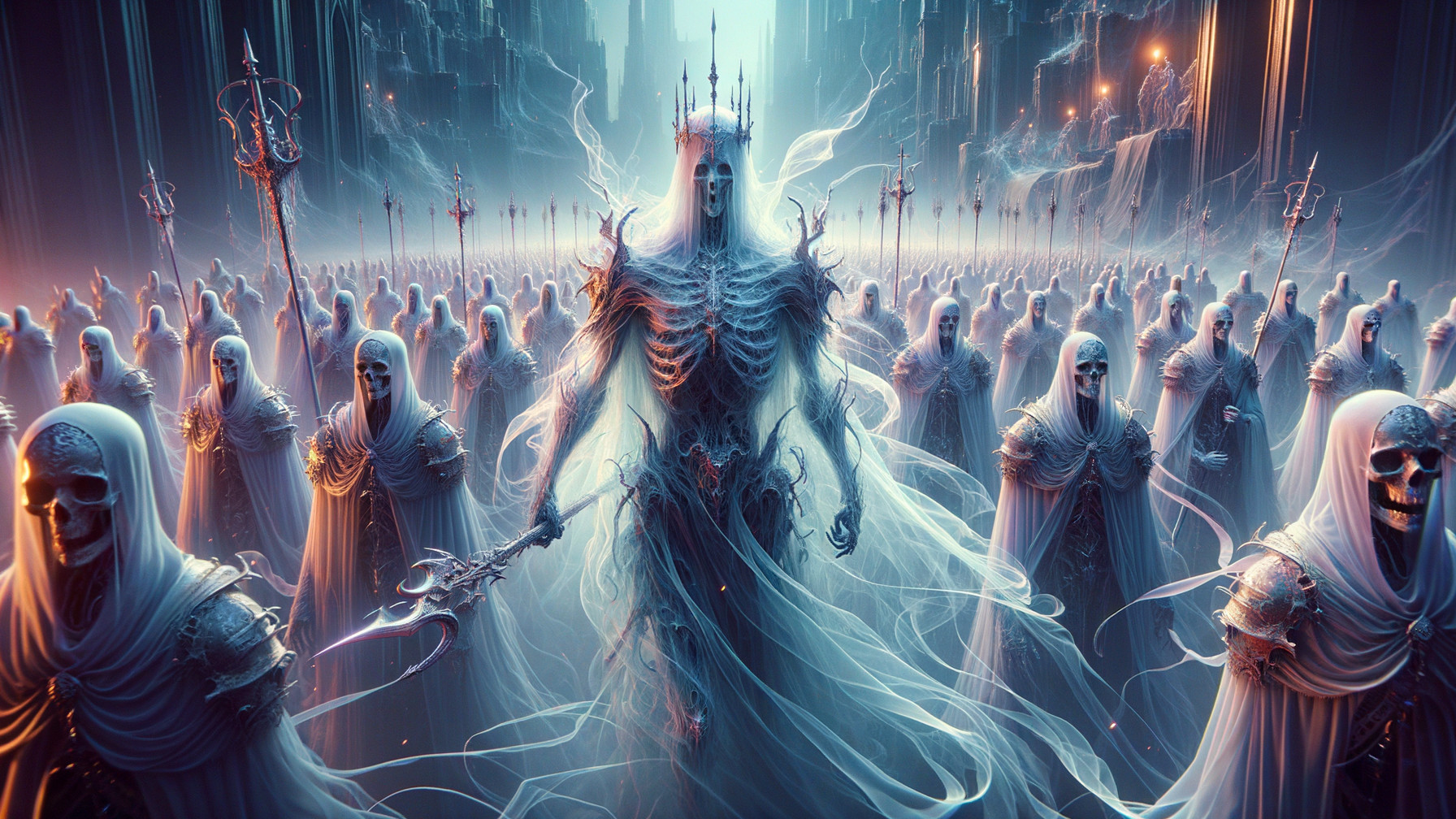 Skeletal Figures in Translucent Robes in Dark Fantasy Scene
