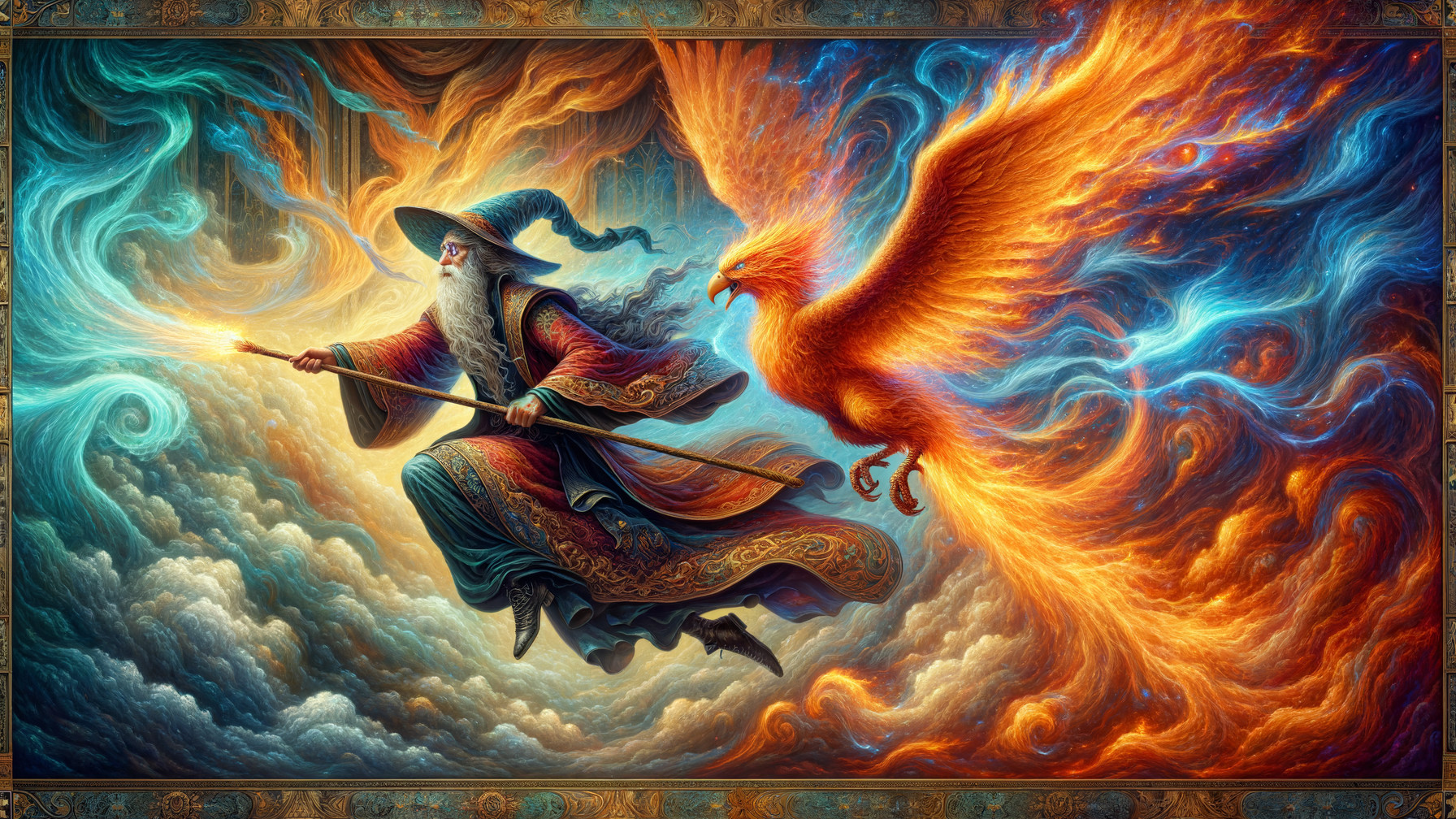 Majestic wizard and phoenix in vibrant cloudscape