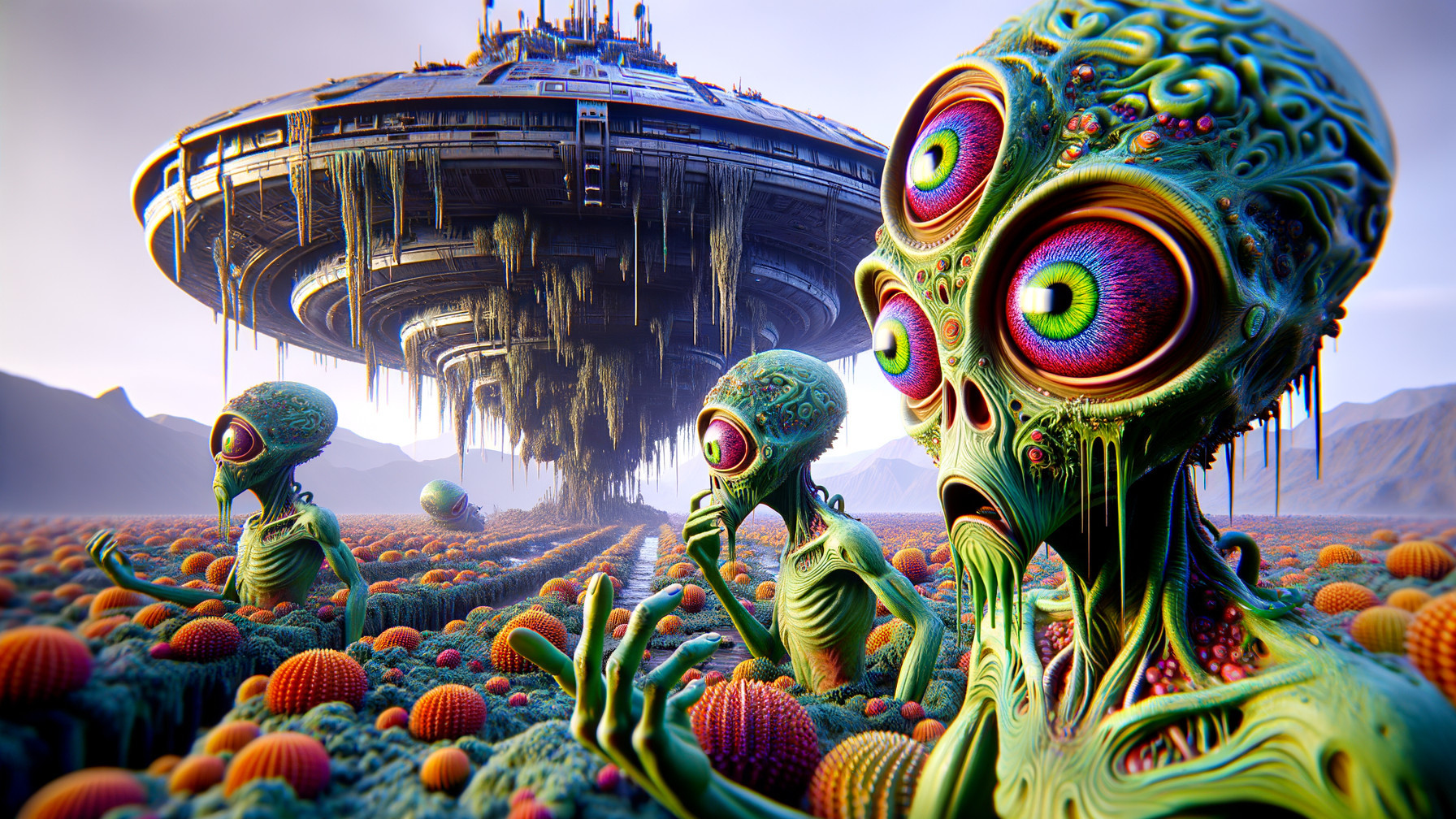 Surreal Landscape with Alien Creatures and Spacecraft