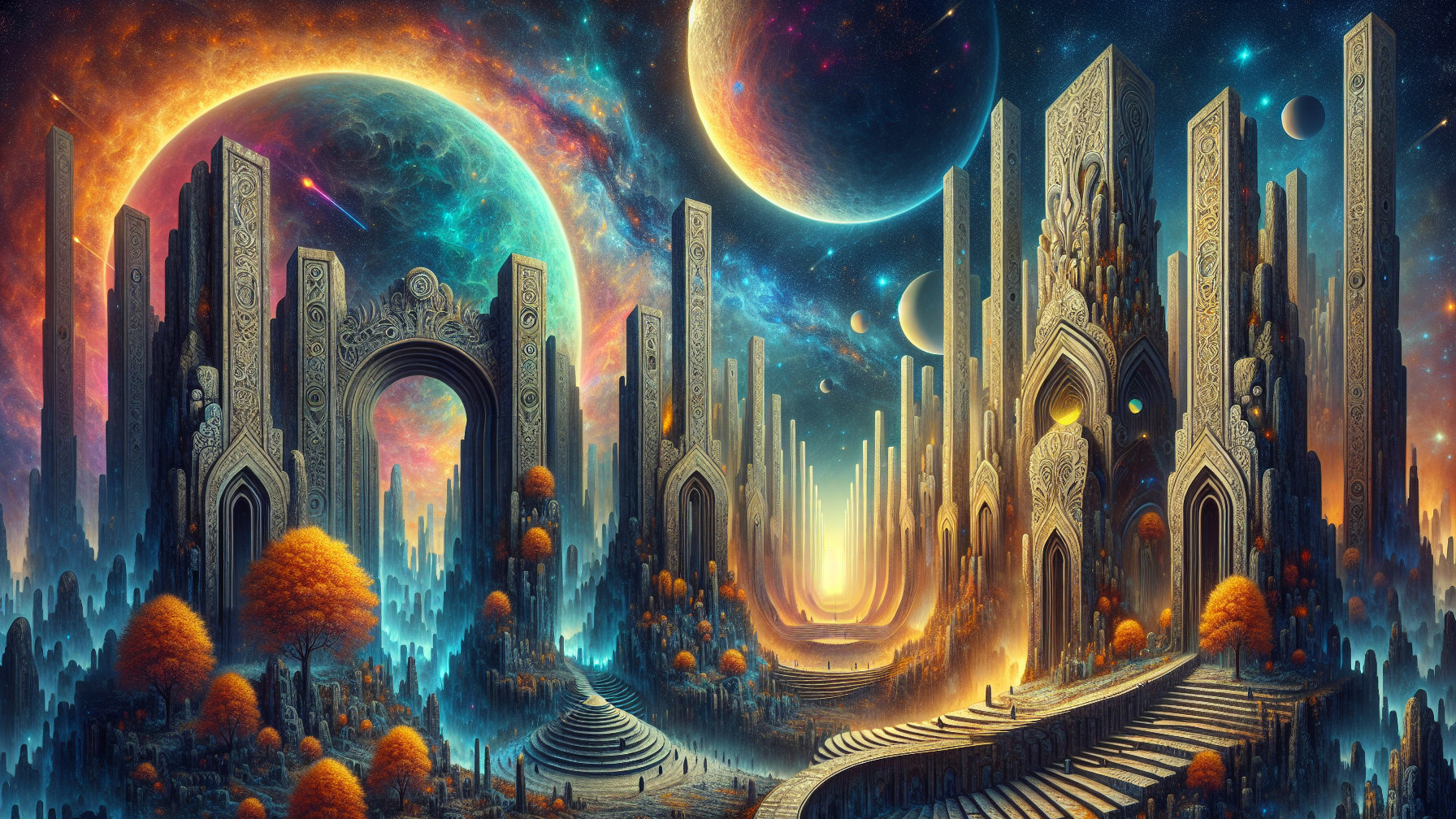 Cosmic Landscape with Stone Arches and Celestial Bodies