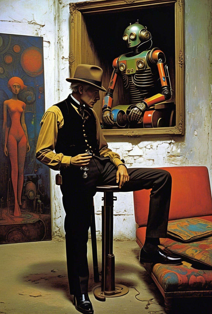 Vintage Outfit and Colorful Robot in Surreal Setting