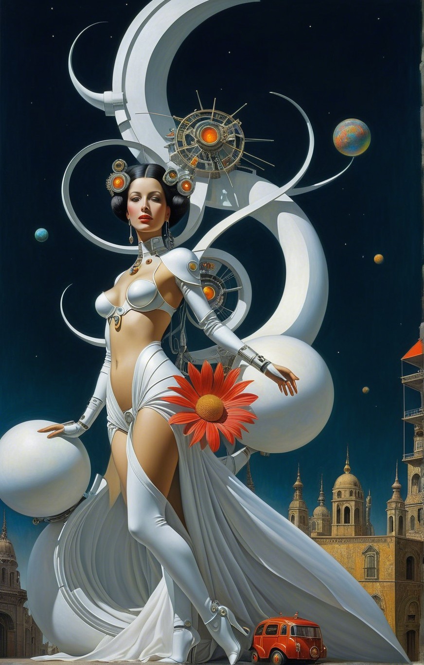 Futuristic scene with celestial designs and vintage elements