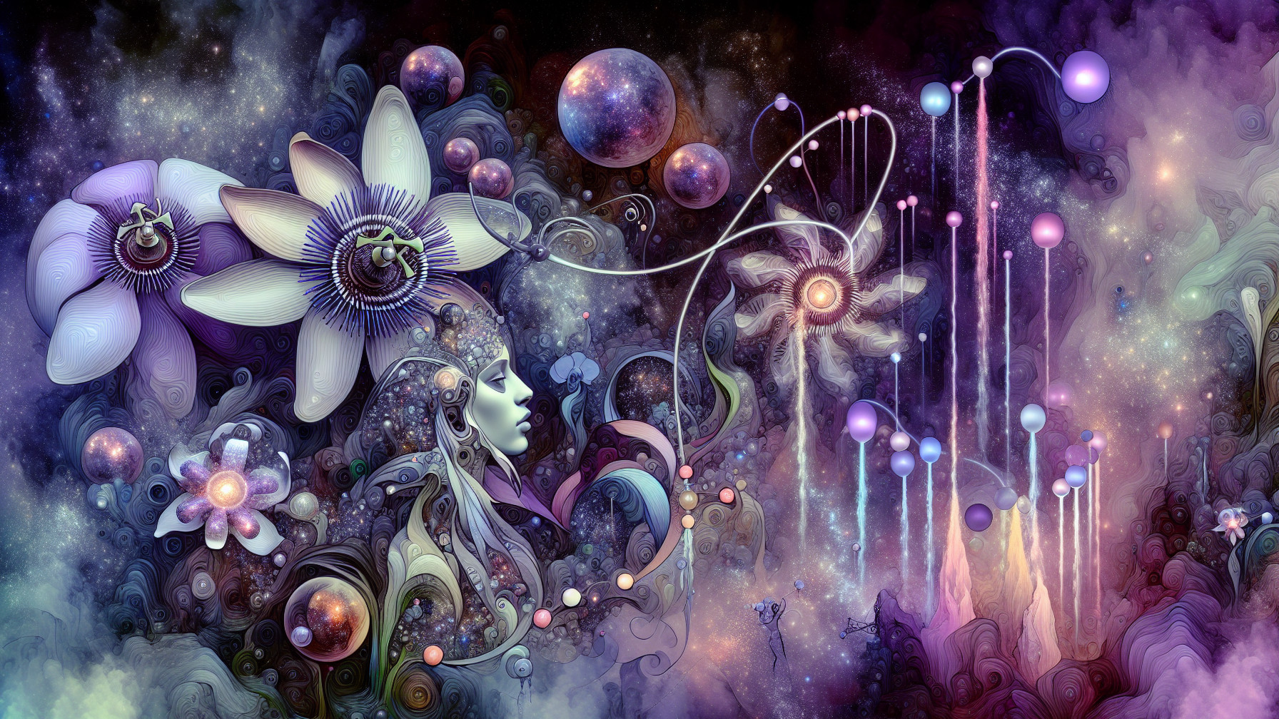 Psychedelic fractal art featuring a woman and flowers