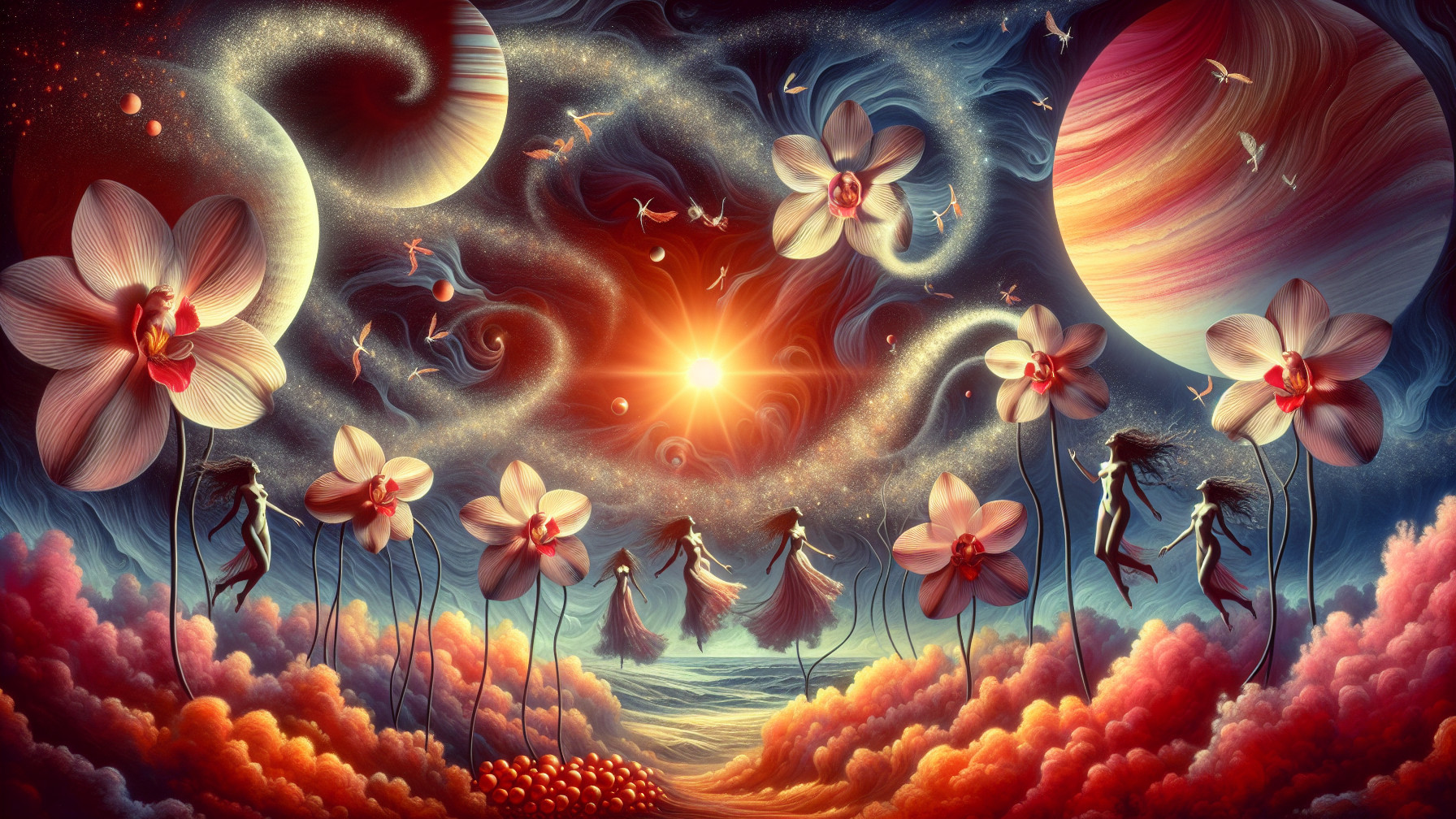 Ethereal Figures Dance Among Oversized Flowers in Space