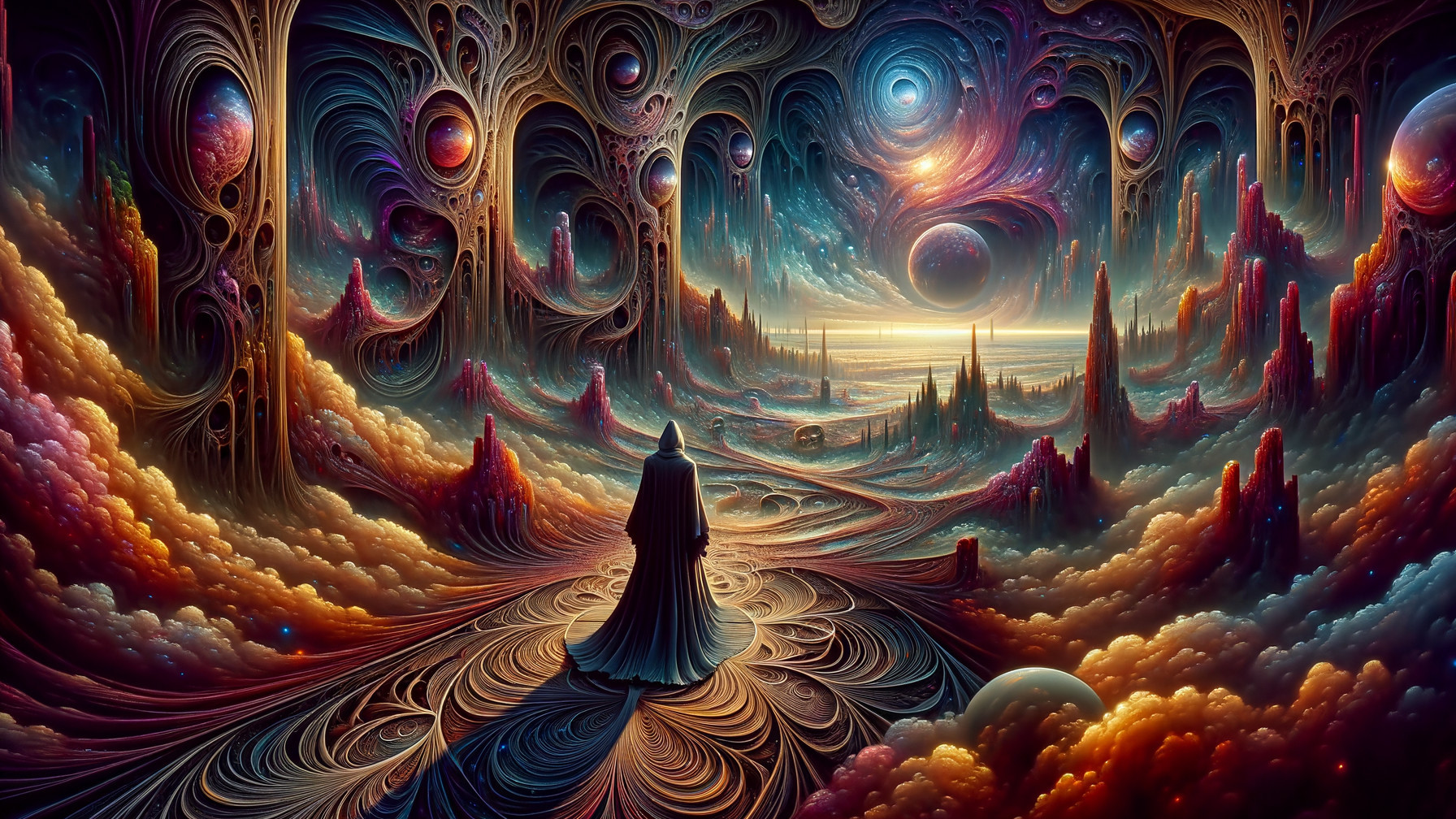 Surreal Landscape with Cosmic Elements and Cloaked Figure