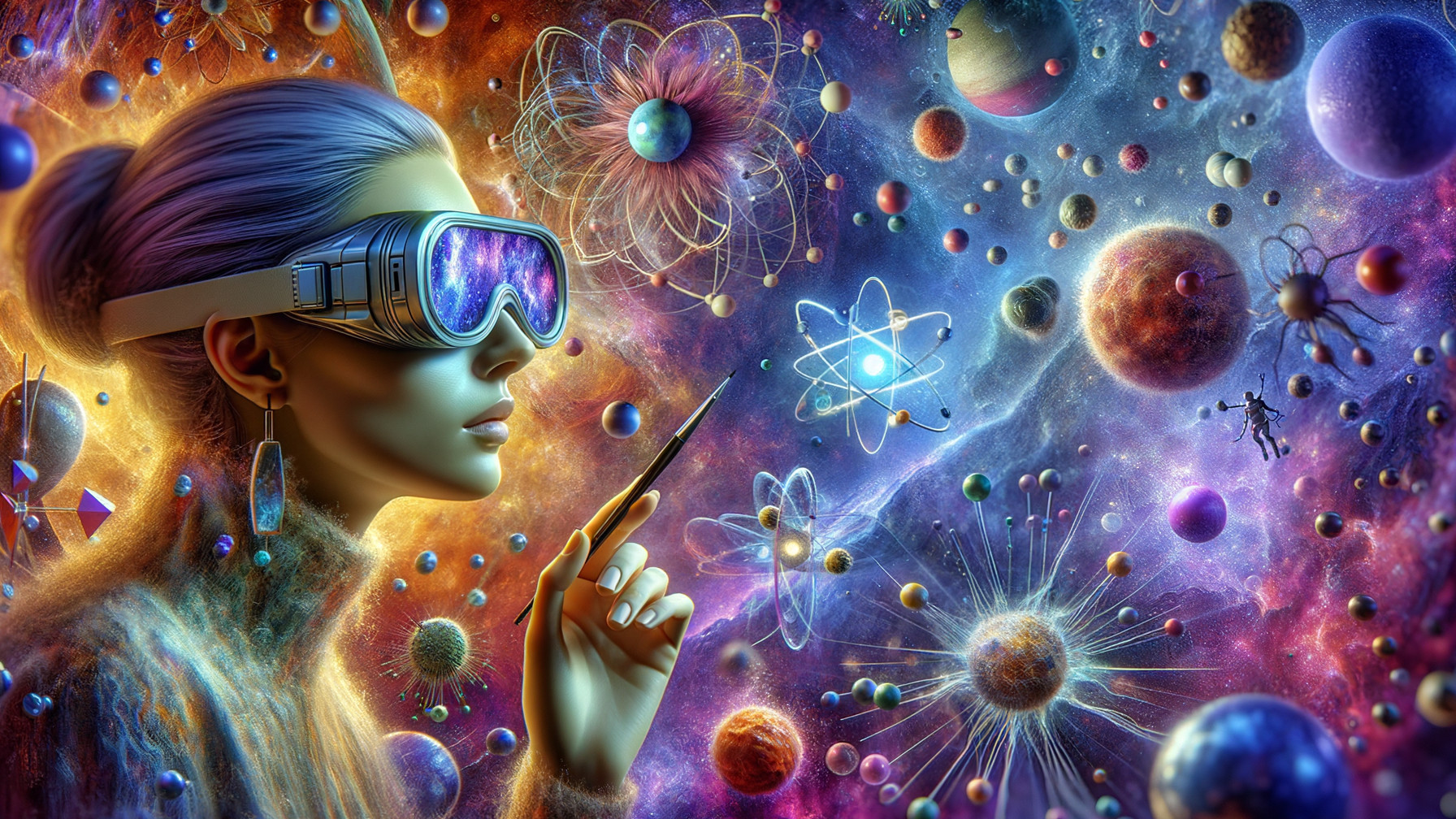 Futuristic Woman with Goggles Contemplates the Cosmos