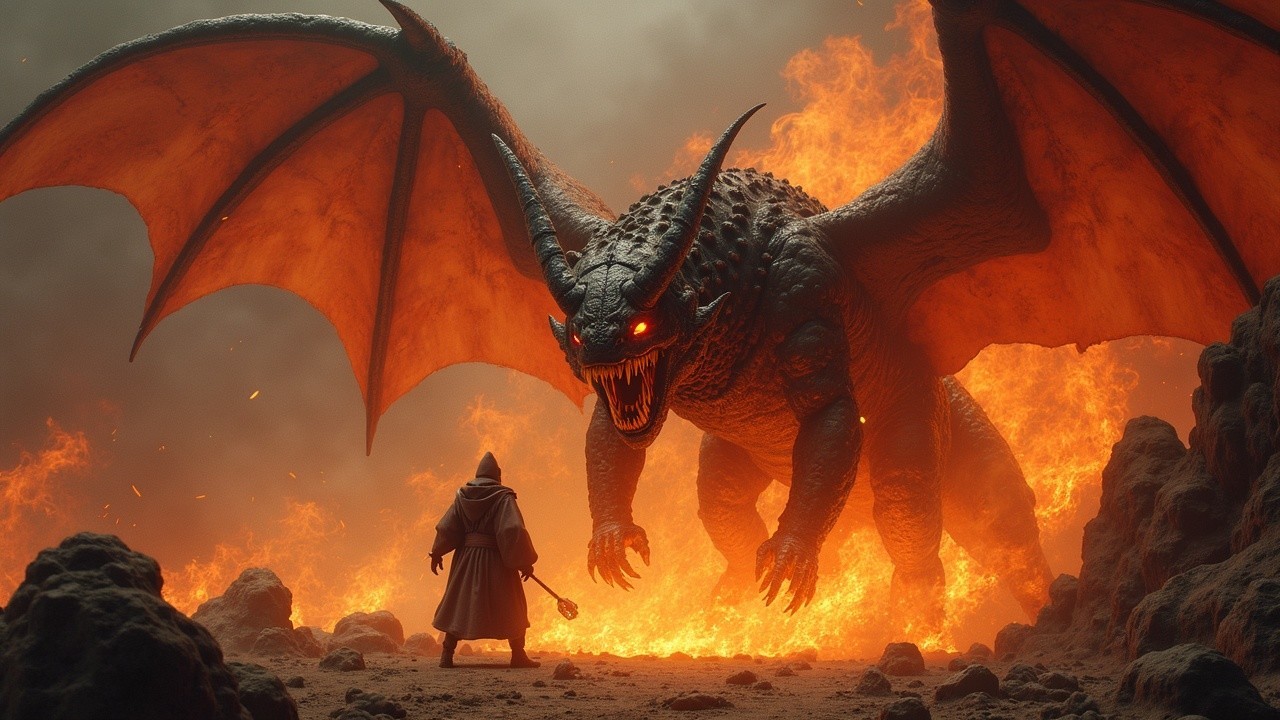 Dragon in Fiery Landscape with Lone Figure in Robe