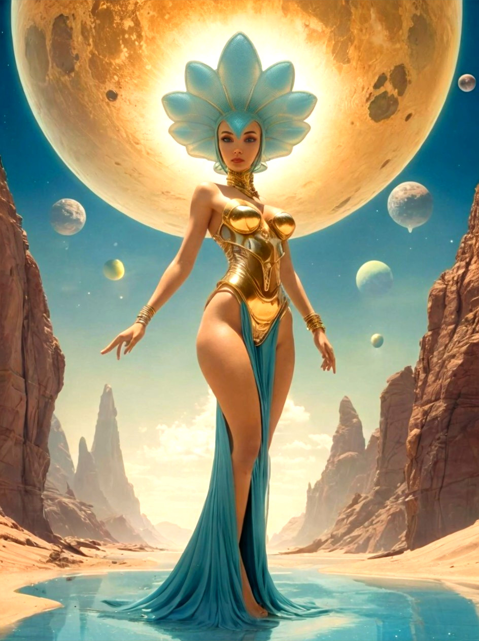 Fantastical Figure in Surreal Landscape with Planets