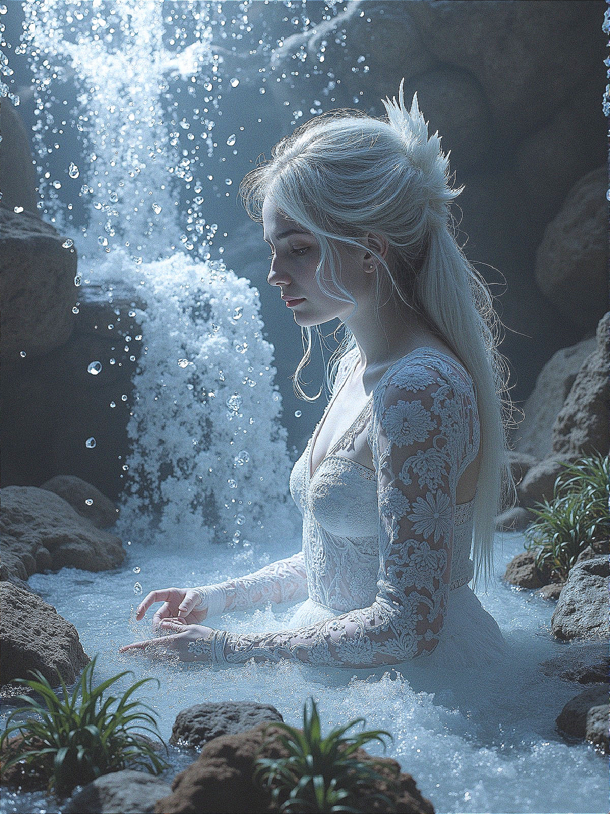 Young Woman in Lace Dress by a Serene Waterfall