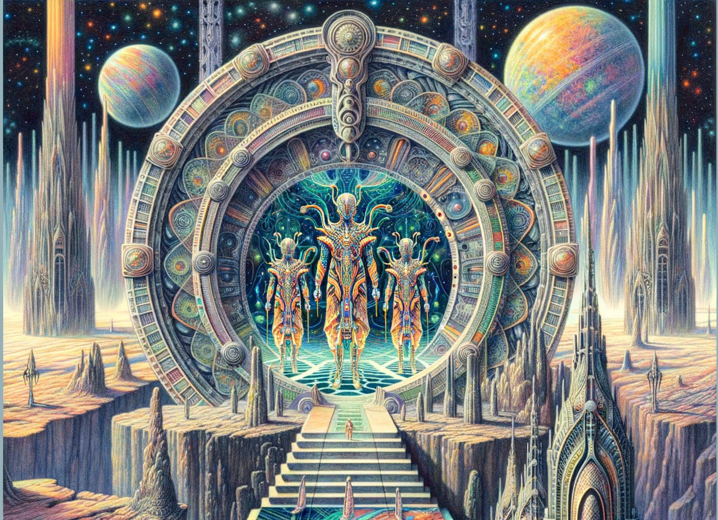 Vibrant Fantastical Scene with Cosmic Portal and Figures