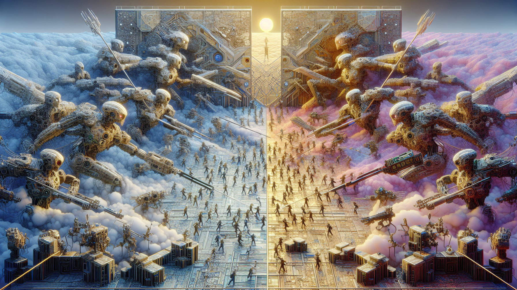 Surreal Futuristic Battle Scene with Contrasting Realms